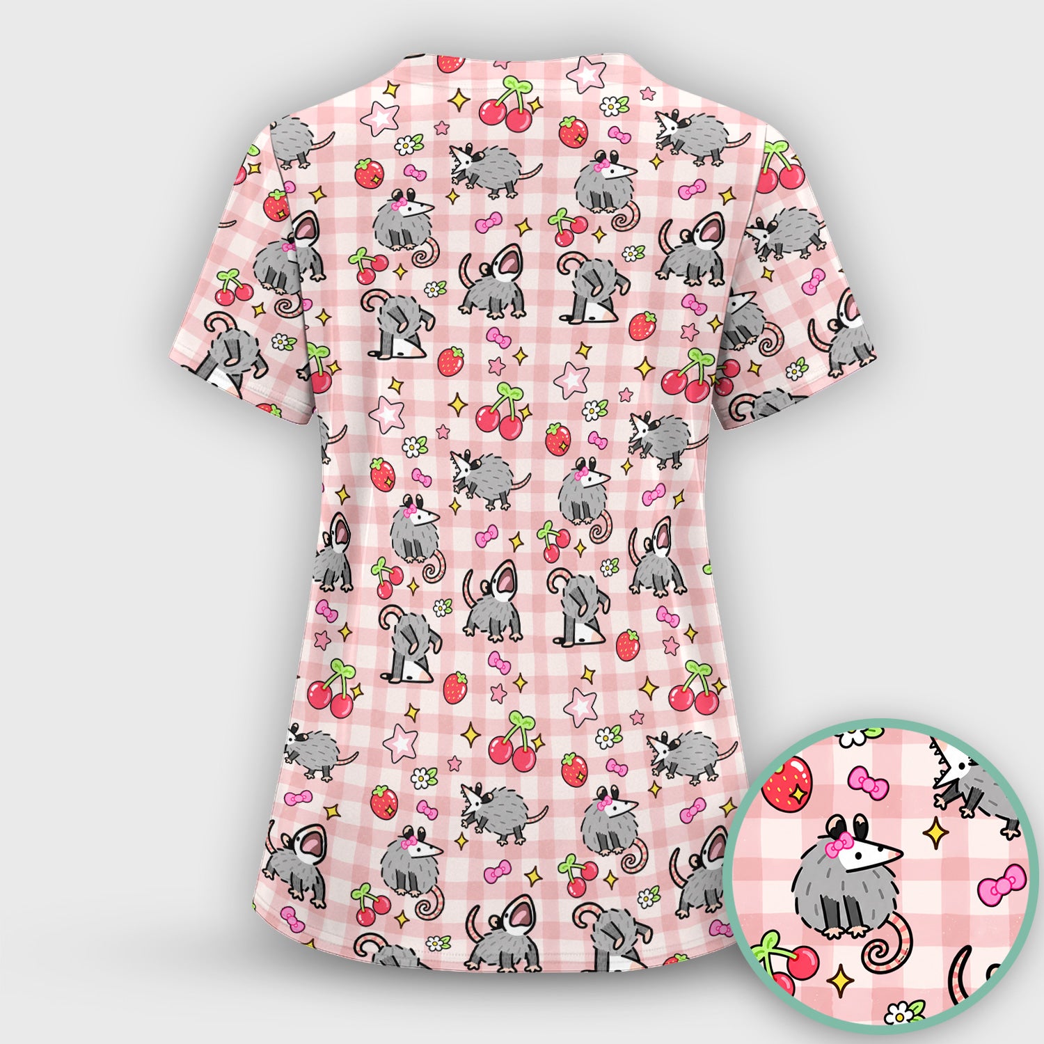 Cute Opossum And Cherries Gingham Pattern Scrub Set, Scrub Pants and V Neck Top