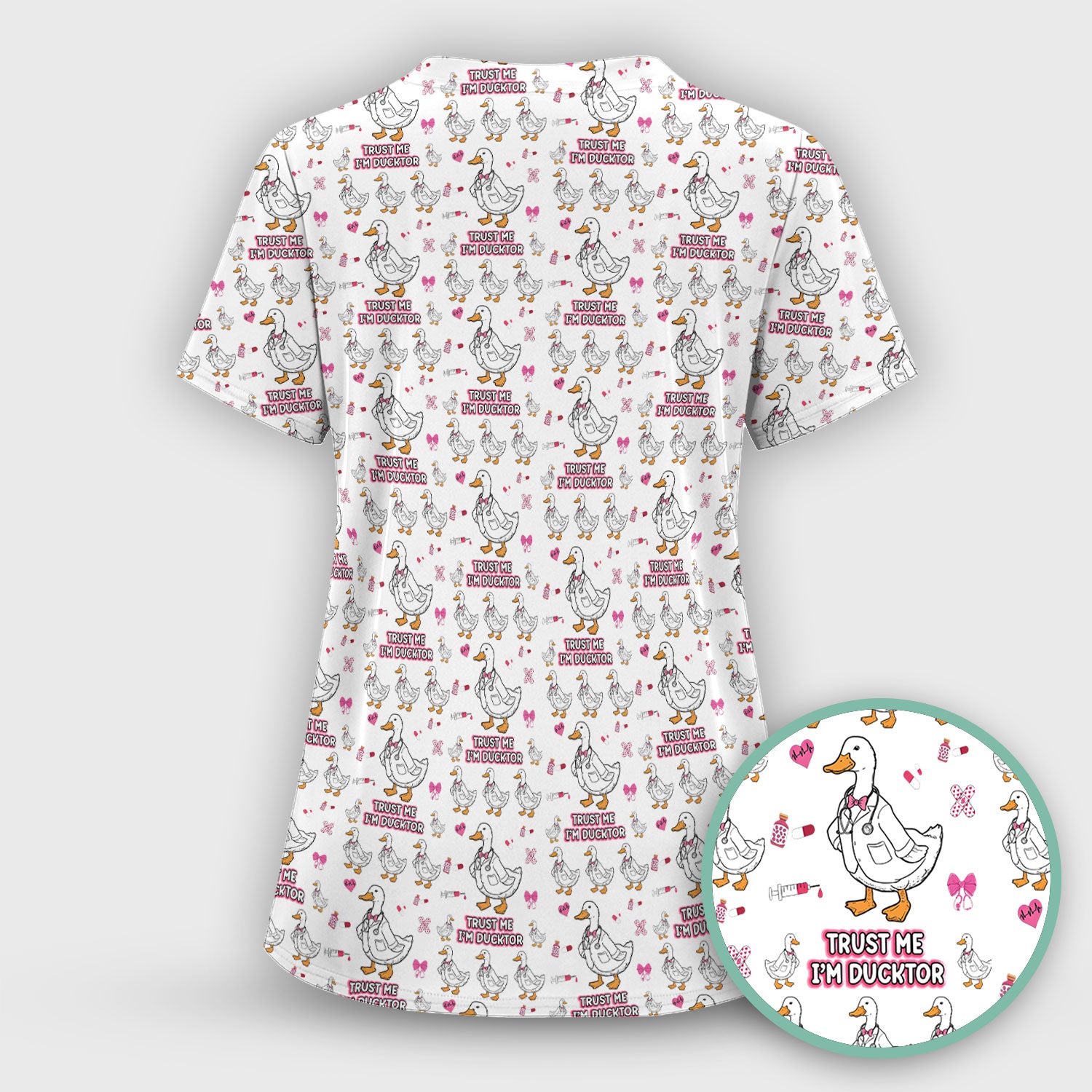Trust Me I'm Ducktor Scrub Top, Funny Duck Pattern Scrub Shirt, Breathable Fabrics Nursing Uniform For Women