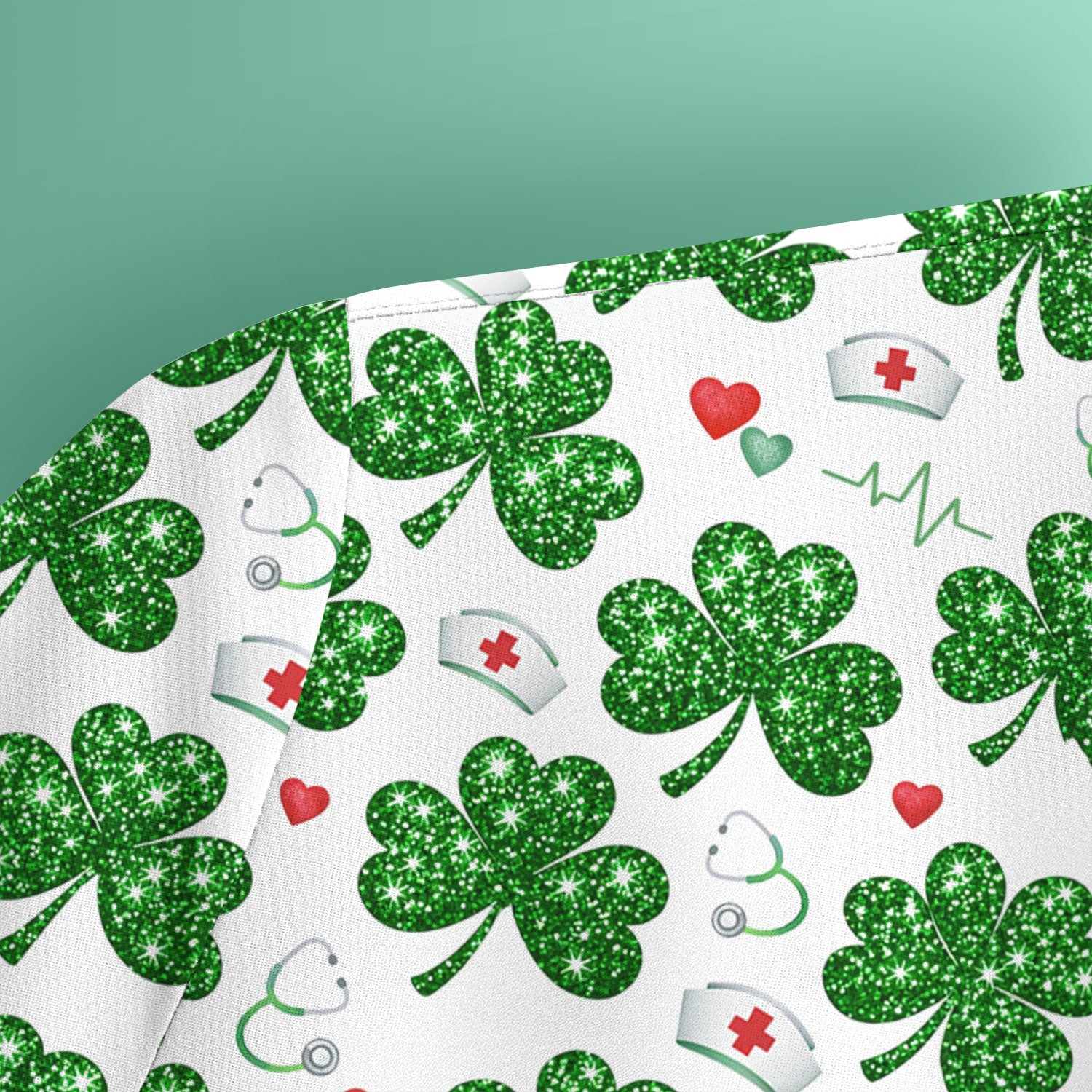 St. Patrick’s Day Nurse Scrub Top, Green Clover Medical Pattern Shirt, Breathable Fabrics Nursing Uniform