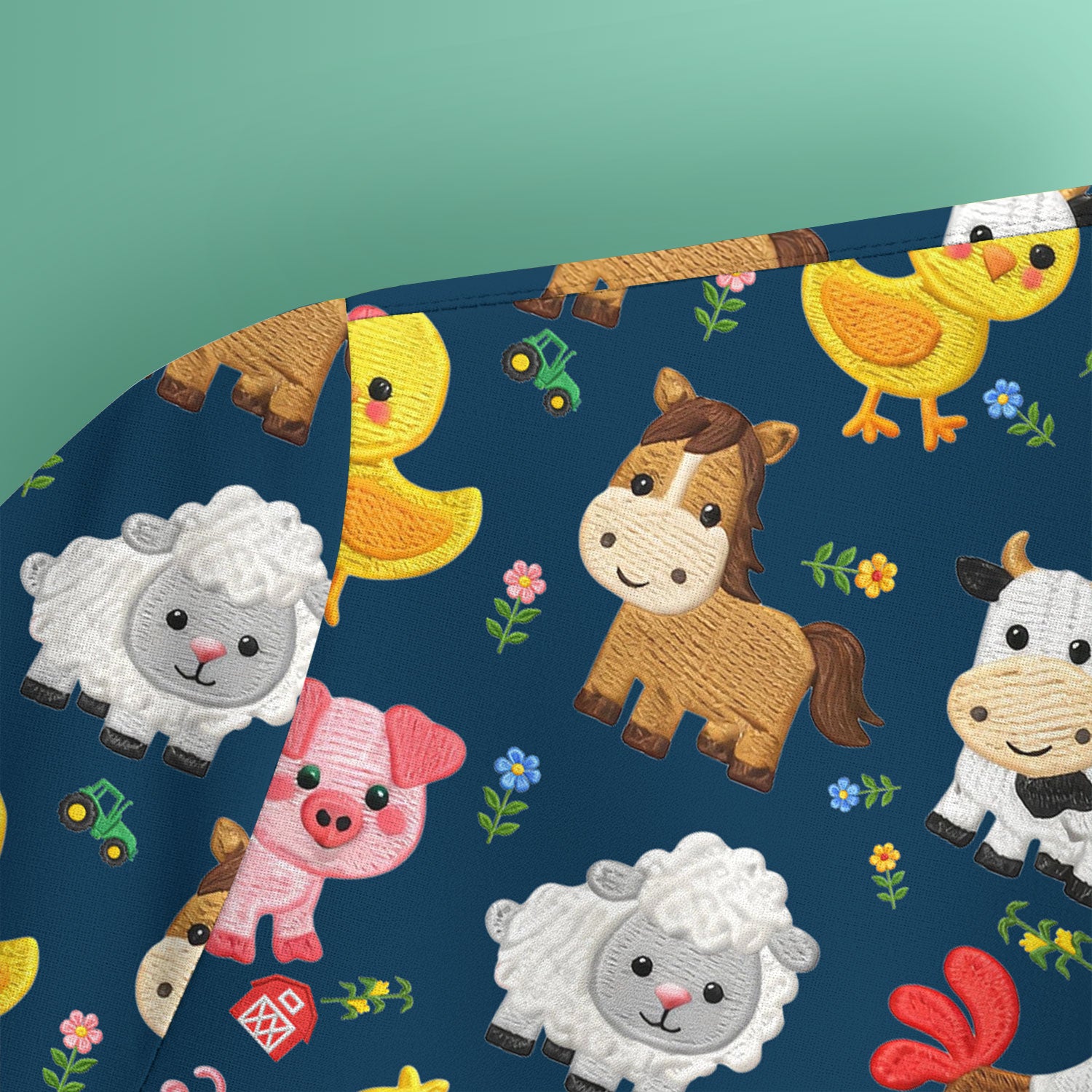 Cartoon Farm Animal Pattern Scrub Top, Breathable Fabrics Nursing Uniform