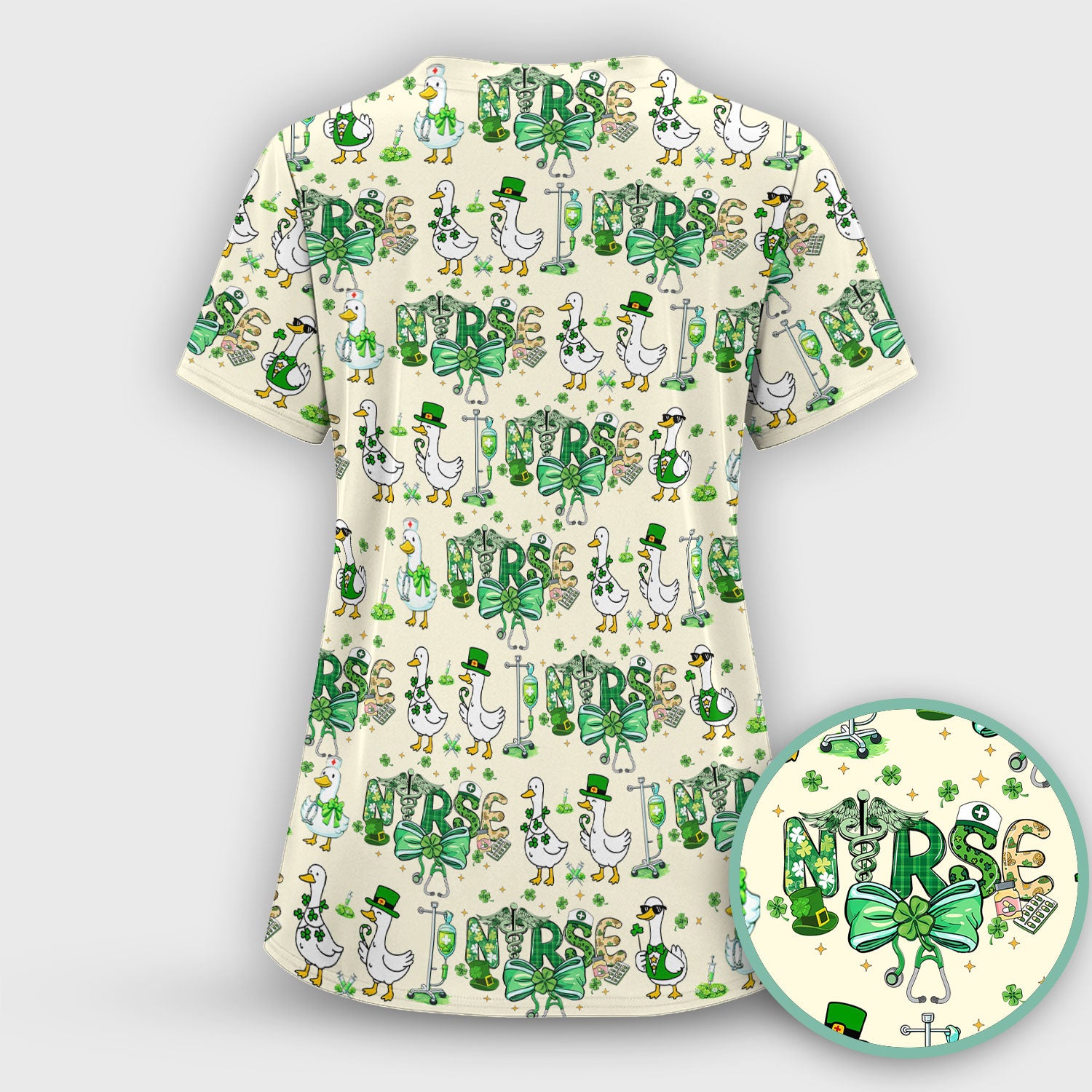 Funny Goose Nurse Shamrock Scrub Top, St. Patrick’s Day Nurse Pattern Shirt, Breathable Fabrics Nursing Uniform