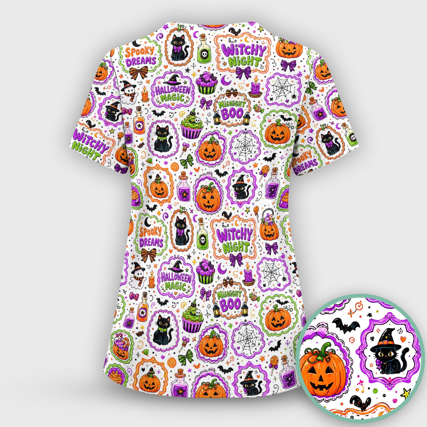 Witchy Halloween Magic And Pumpkins Scrub Top, Comfortable Scrubs for Nurses