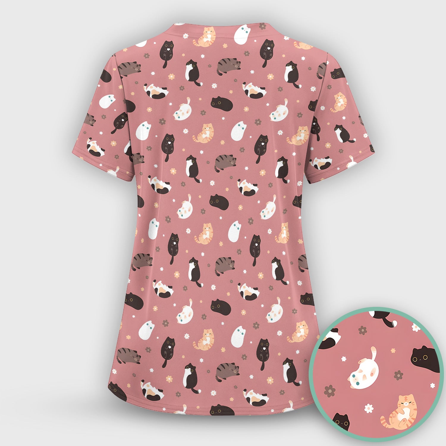Adorable Kitty Nurse Pattern Scrub Top, Comfortable Scrubs for Nurses