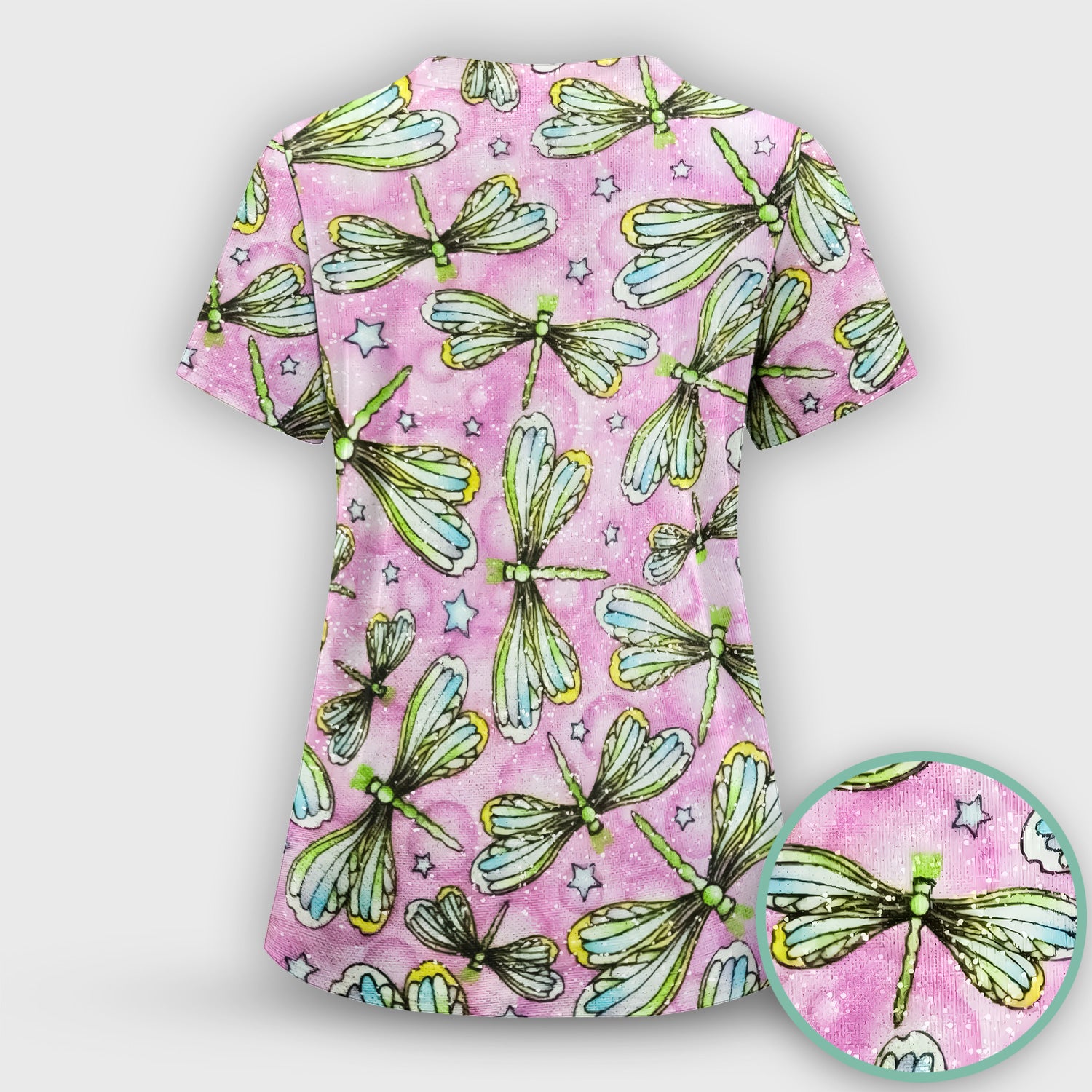 Dragonfly On Pink Starry Background Scrub Set, Scrub Pants and V Neck Top