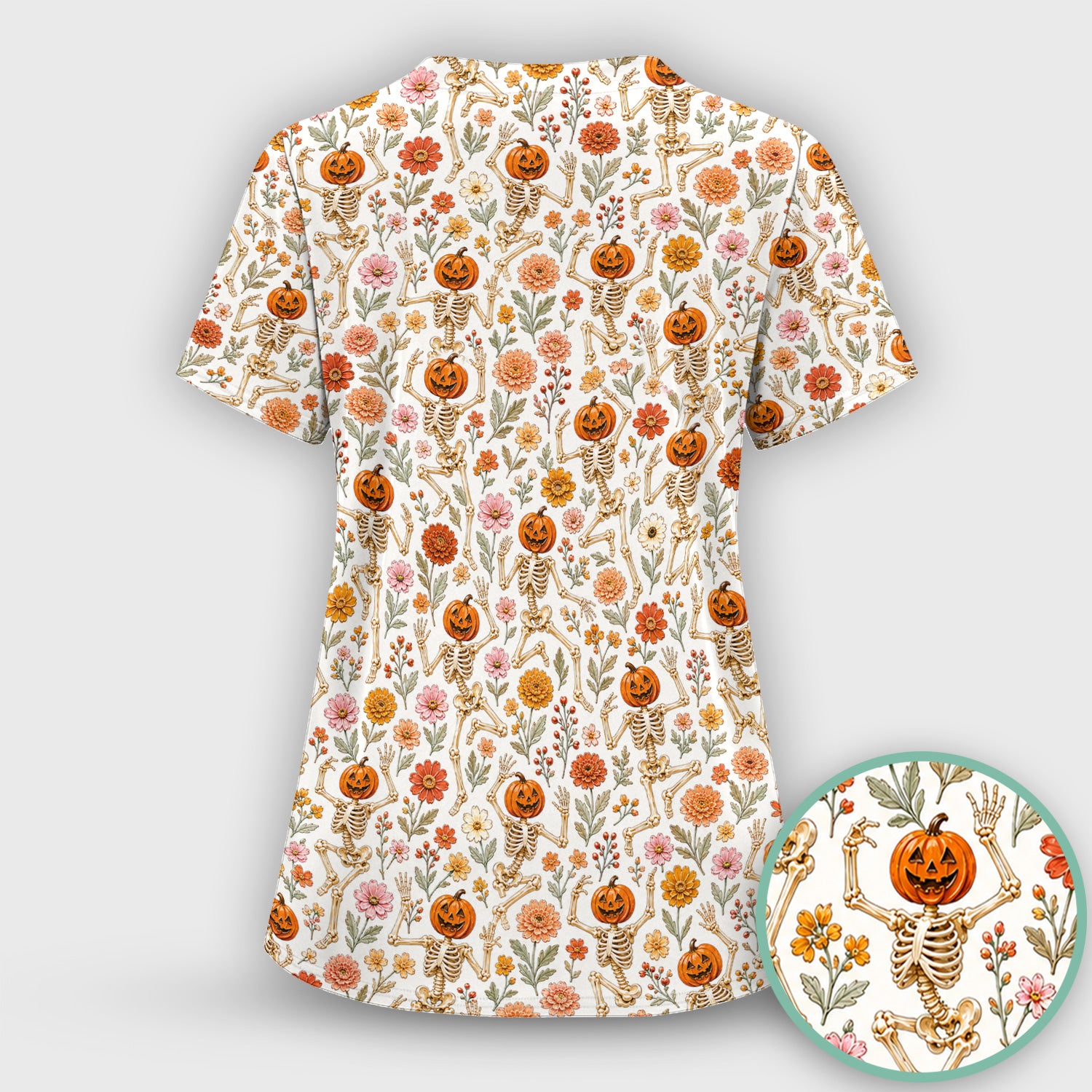 Halloween Pumpkin Skeleton Floral Scrub Top, Comfortable Scrubs for Nurses