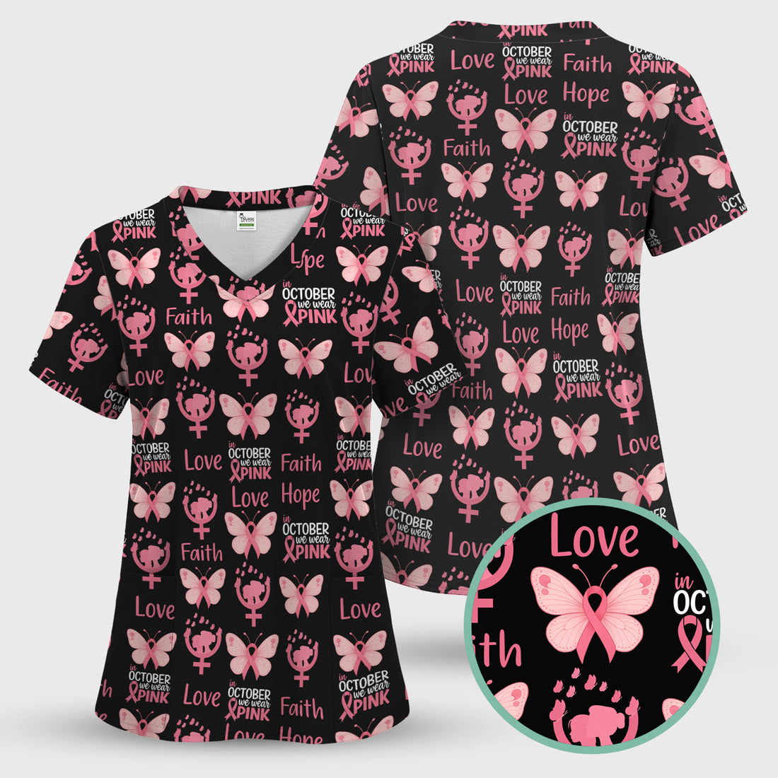 Breast Cancer Awareness Nurse Scrub Top - Faith Hope Love & Pink Ribbon Butterfly Design - October Gift for RN LPN CNA