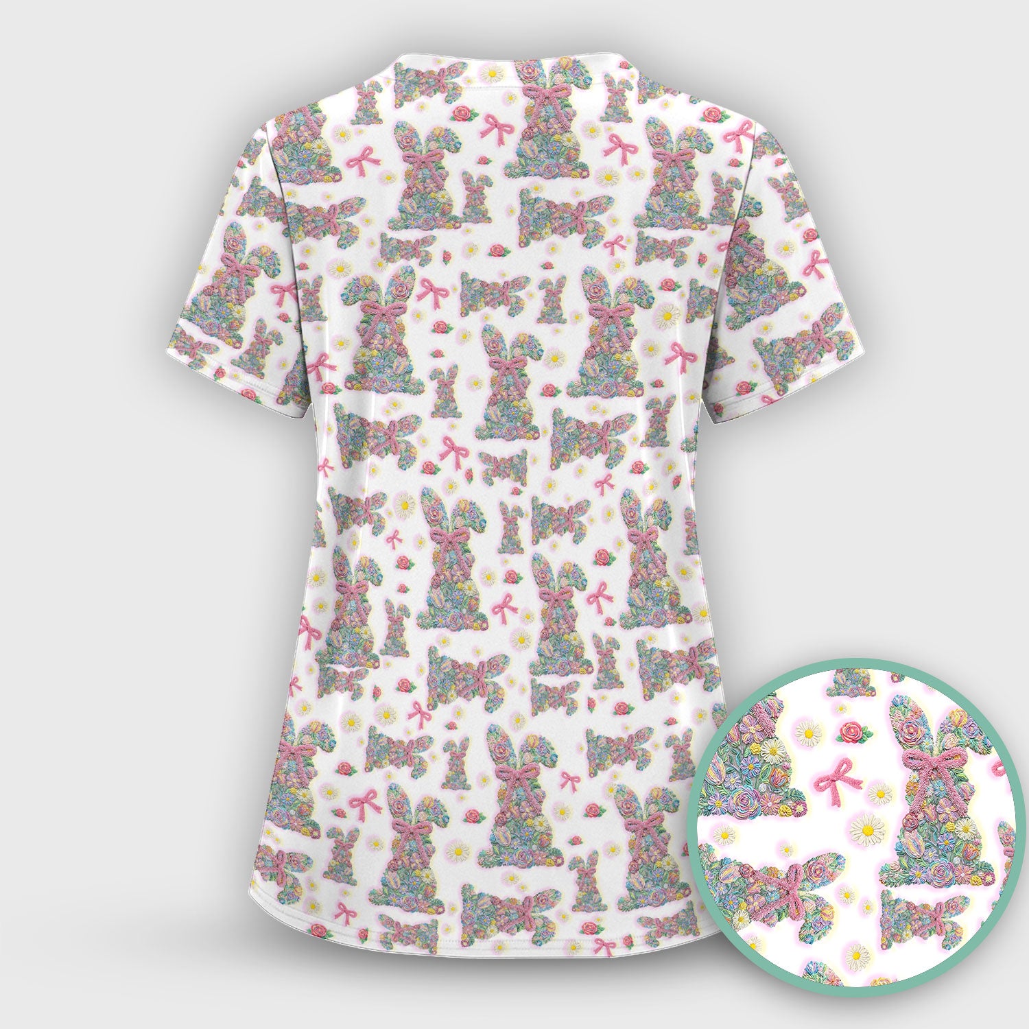 Colorful Floral Bunny with Pink Bow Pattern Scrub Top, Breathable Fabrics Nursing Uniform, Easter