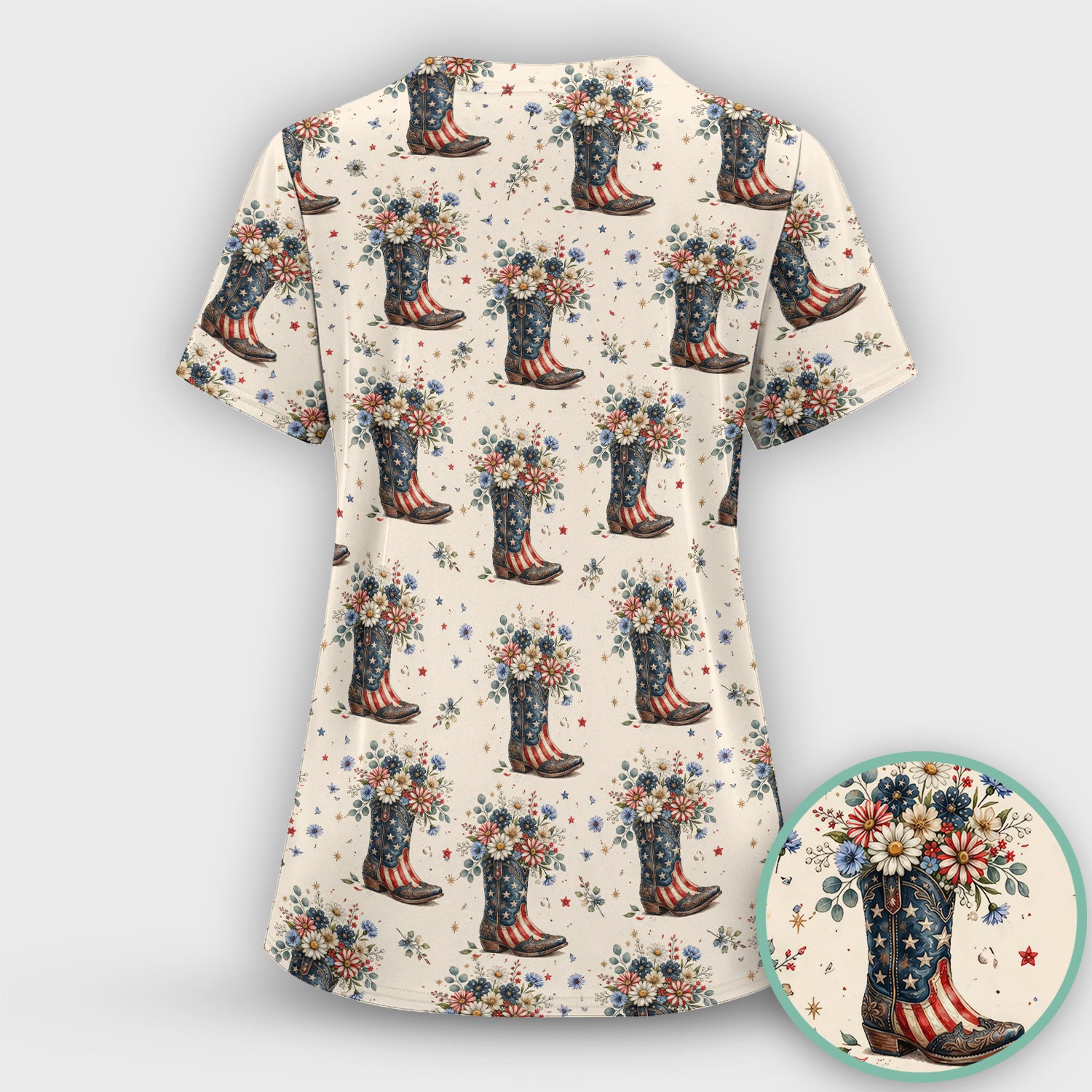 Festive Patriotic Cowboy Boots Flower Pattern Scrub Set, Scrub Pants and V Neck Top