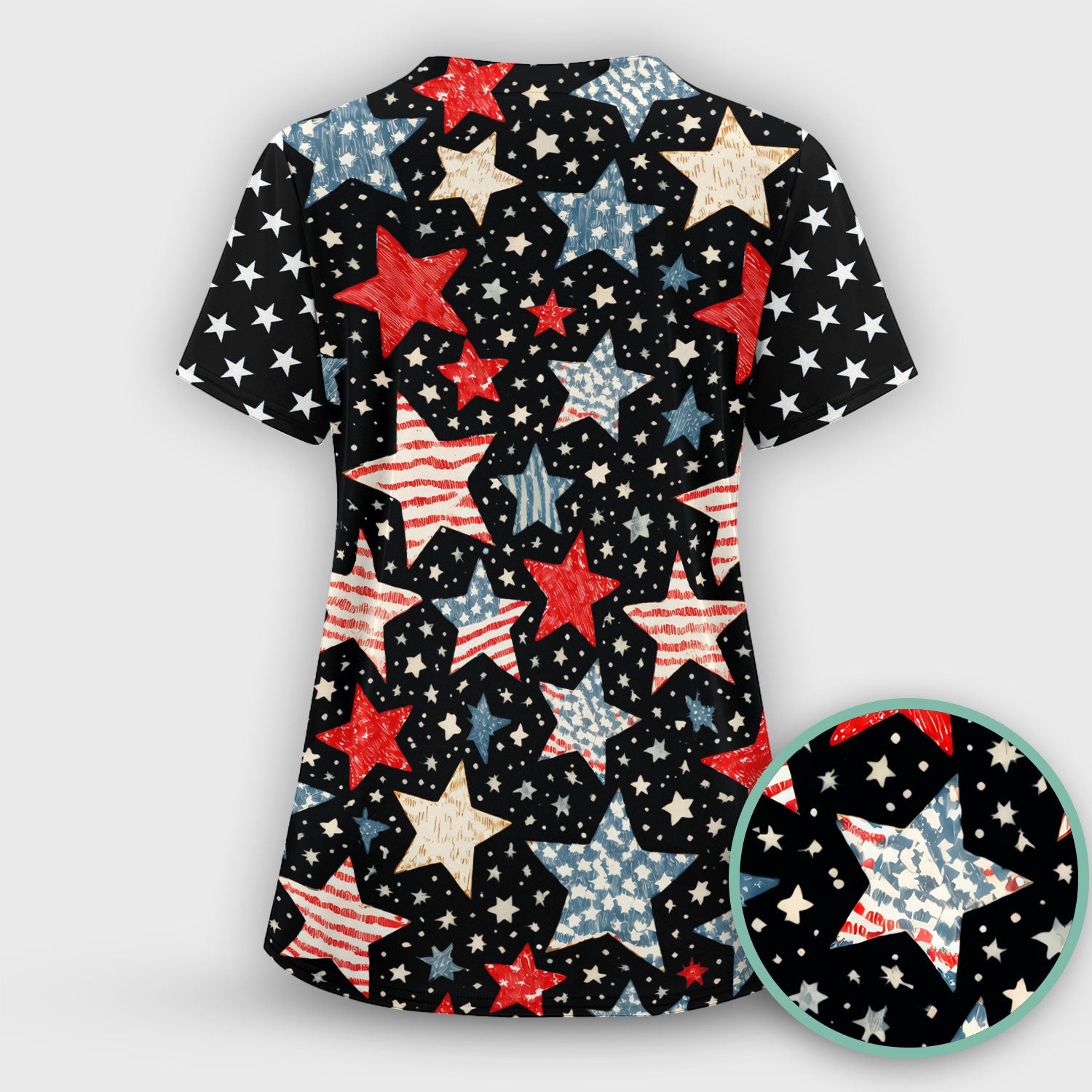 Patriotic Star Pattern Women's Scrub Set, Scrub Pants and V Neck Top