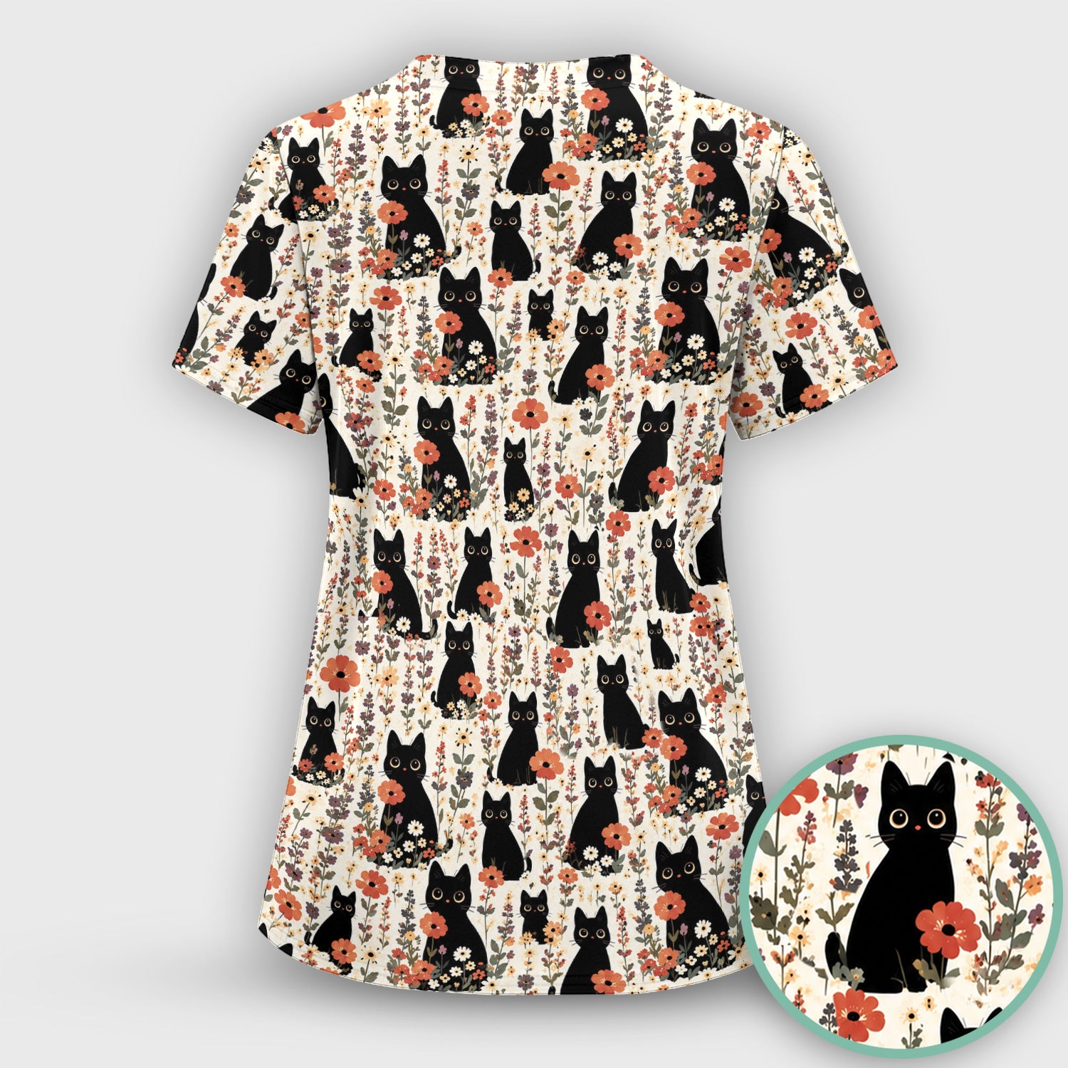 Cute Black Cat Wildflower Pattern Scrub Set, Scrub Pants and V Neck Top