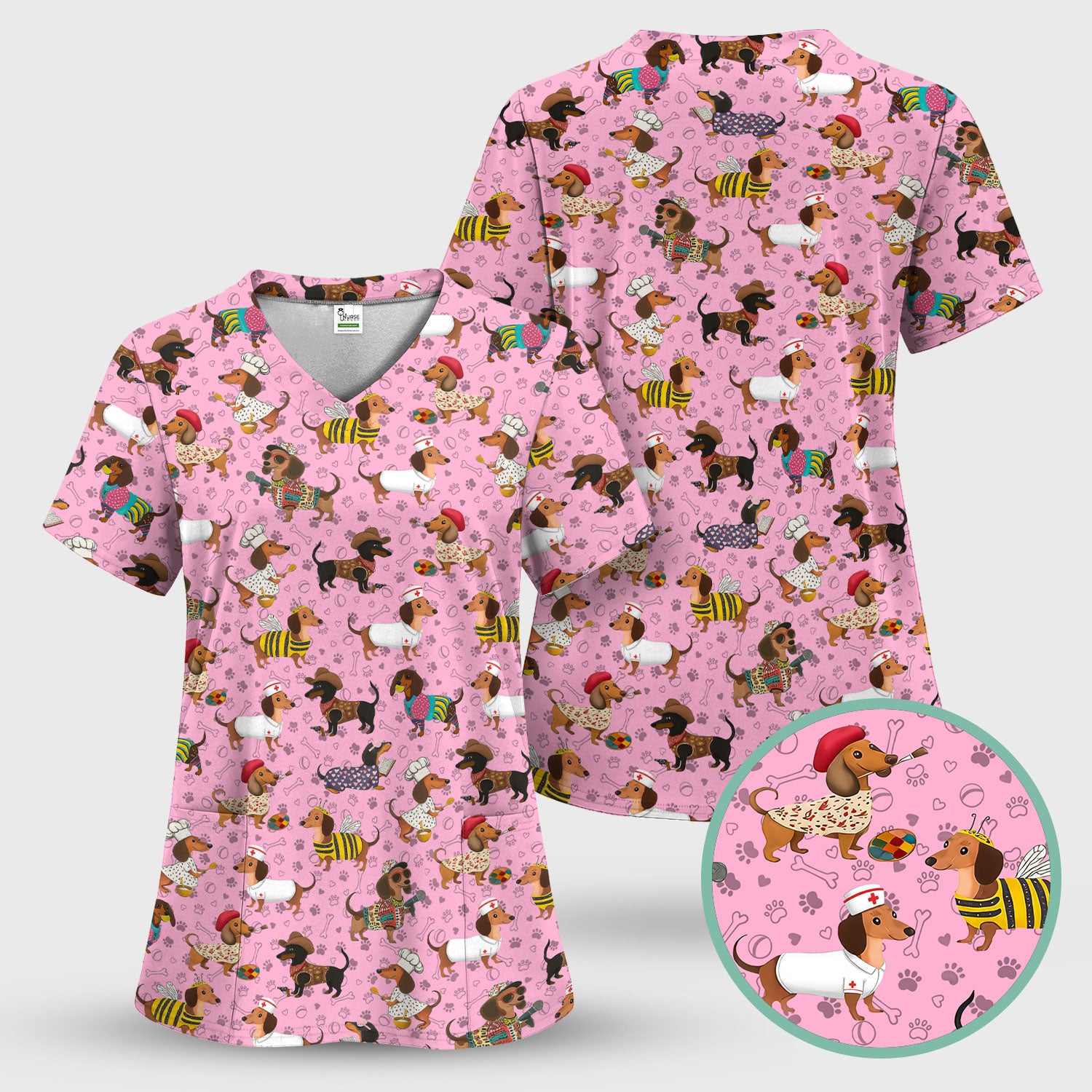 Funny Dachshund Scrub Top for Nurses - Wiener Dog in Bee, Chef, Nurse Costumes - Cute Sausage Dog Medical Shirt RN CNA LPN