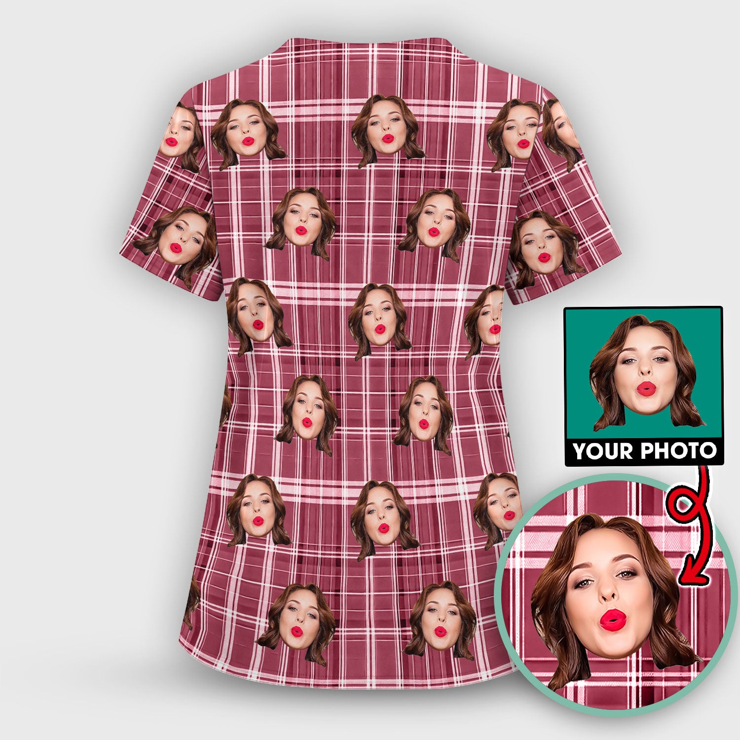 Personalized Funny Face Plaid Scrub Top, Custom Photo Pattern Medical Shirt, Breathable Fabrics Nursing Uniform
