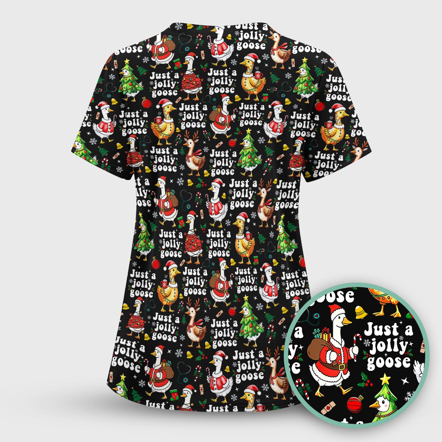 Just a Jolly Goose Funny Christmas Scrub Top - Holiday Medical Uniform for Nurse - Santa Goose Shirt Gift for Women
