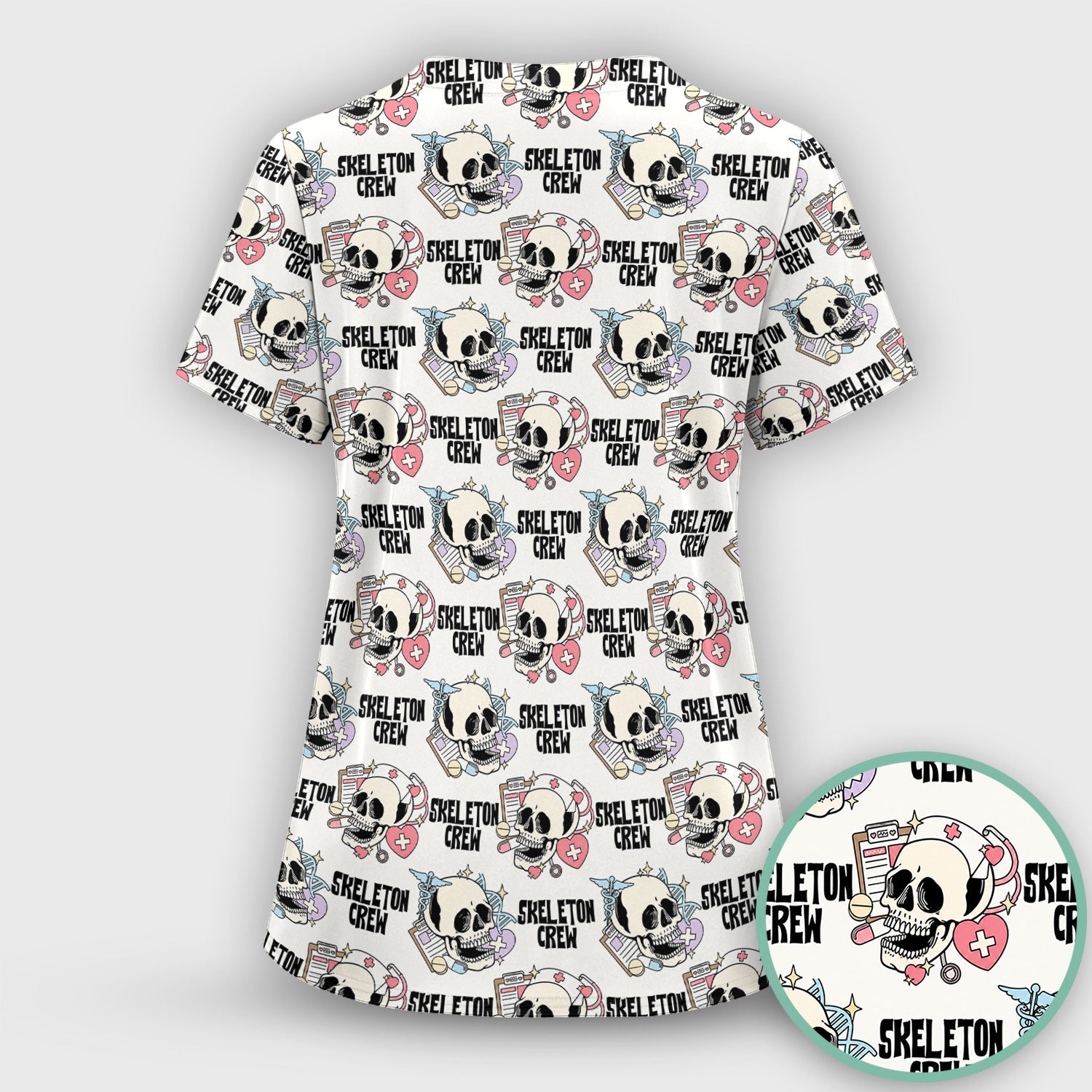 Funny Halloween Skeleton Crew Scrub Set, Scrub Pants and V Neck Top