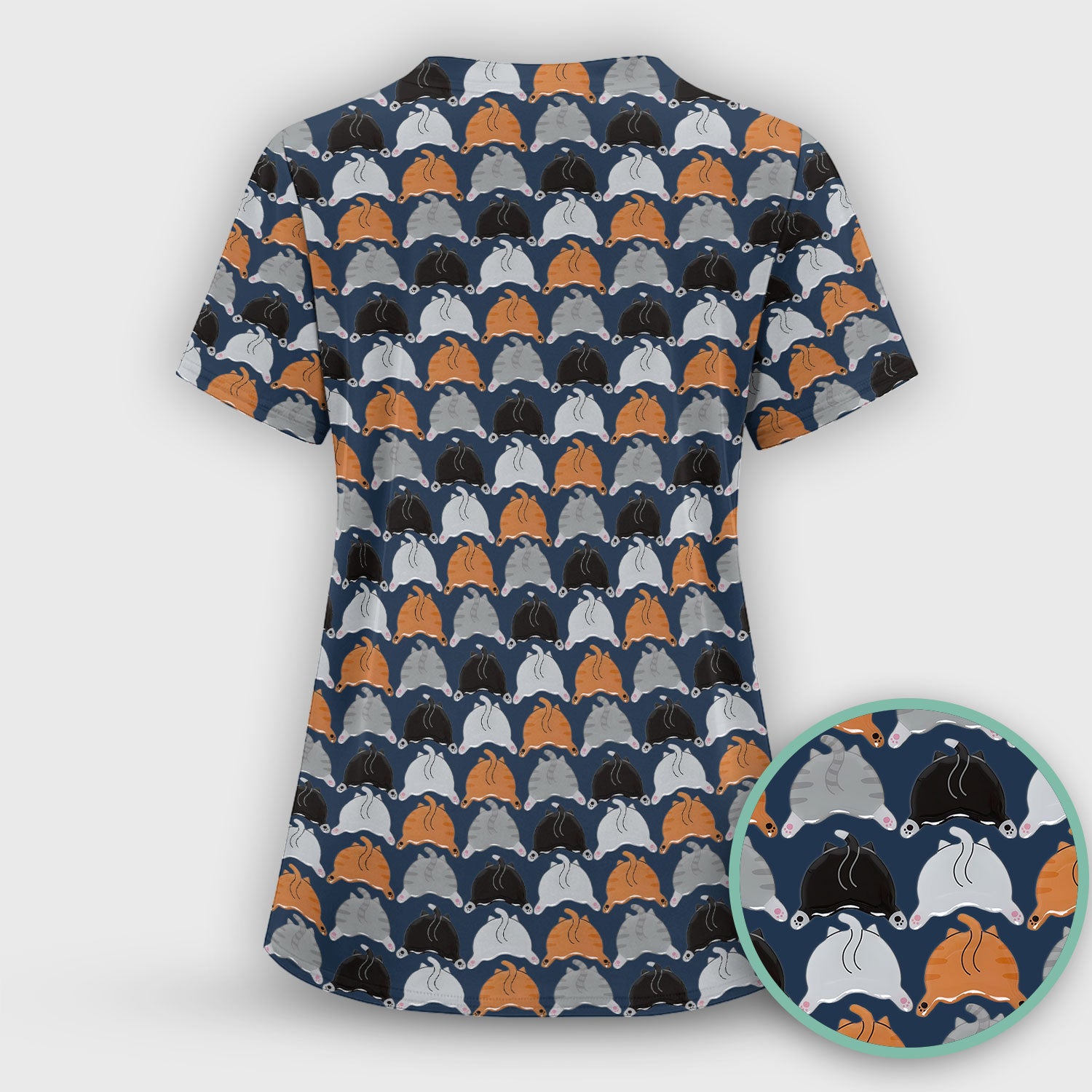 Playful Multicolor Cat Print Scrub Top, Breathable Fabrics Nursing Uniform