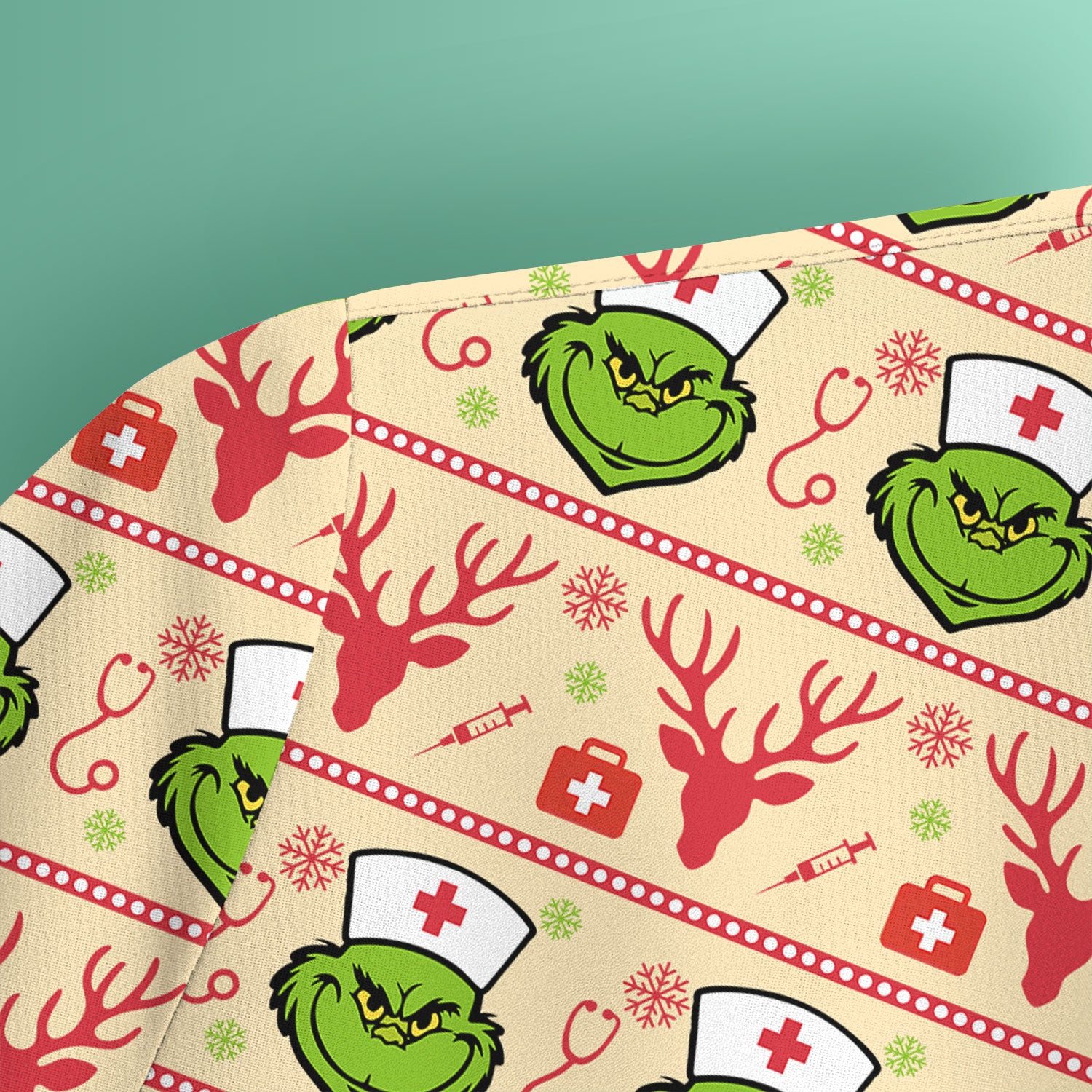 Grinch Nurse Ugly Christmas Scrub Top - Funny Holiday Nursing Scrubs Shirt - Cute Medical Workwear for Women with Festive Pattern