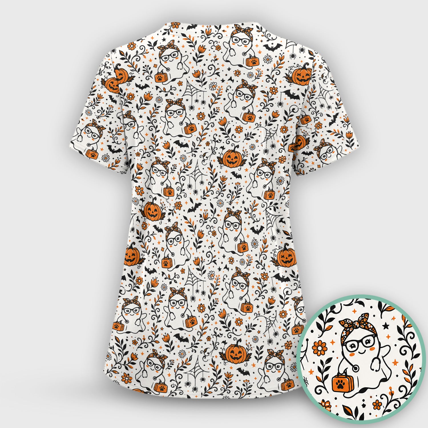 Cute Halloween Nurse Ghost And Pumpkins Scrub Top, Comfortable Scrubs for Nurses