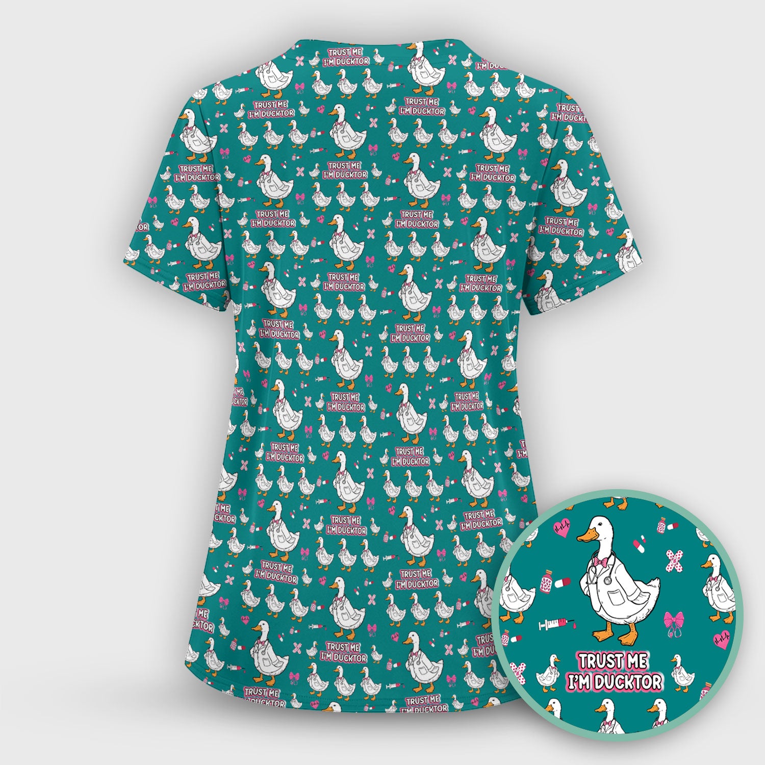 Trust Me I'm Ducktor Scrub Top, Funny Duck Pattern Scrub Shirt, Breathable Fabrics Nursing Uniform For Women