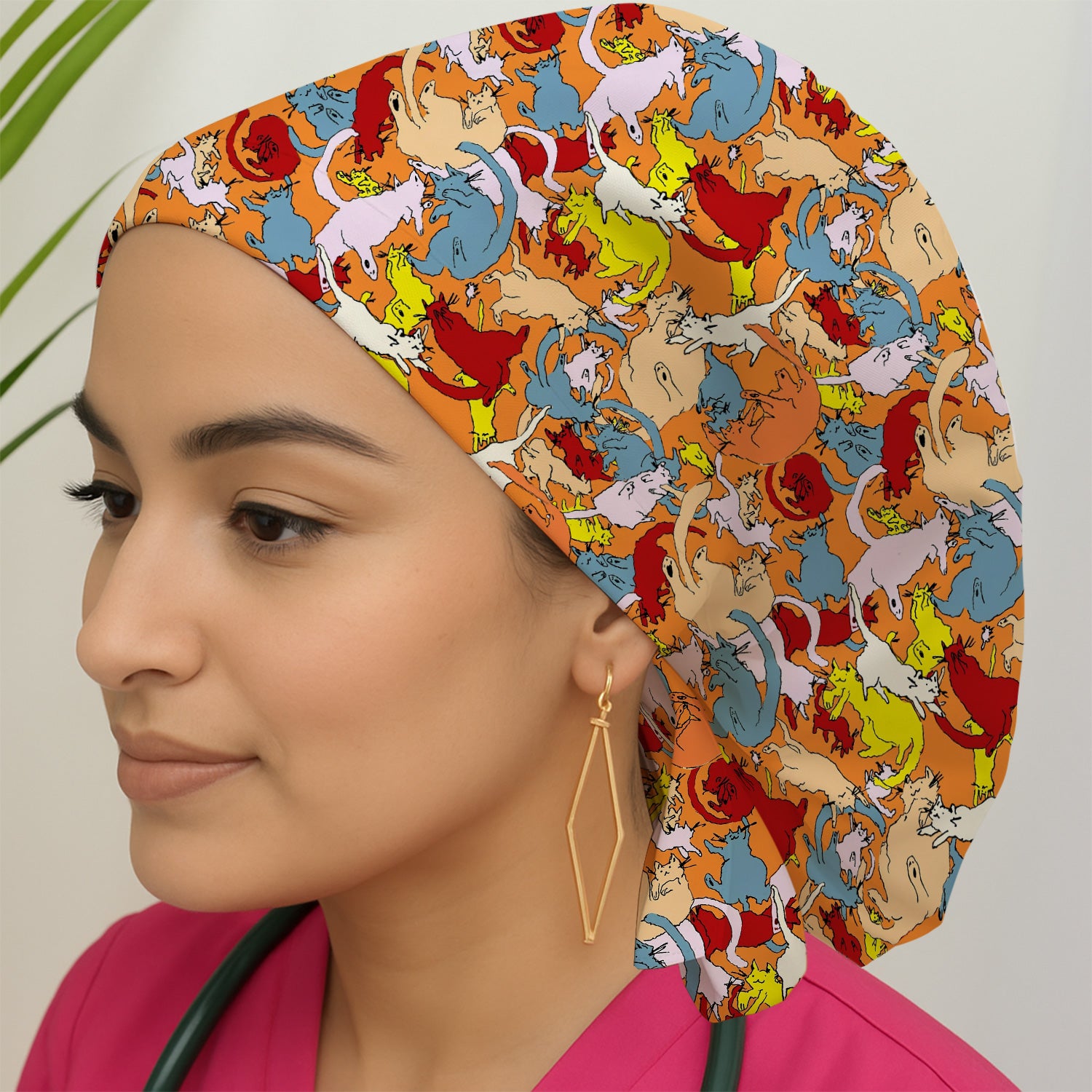 Colorful Cat Chaos Illustration Pattern Nurse Scrub Cap, Surgical Caps for Doctors
