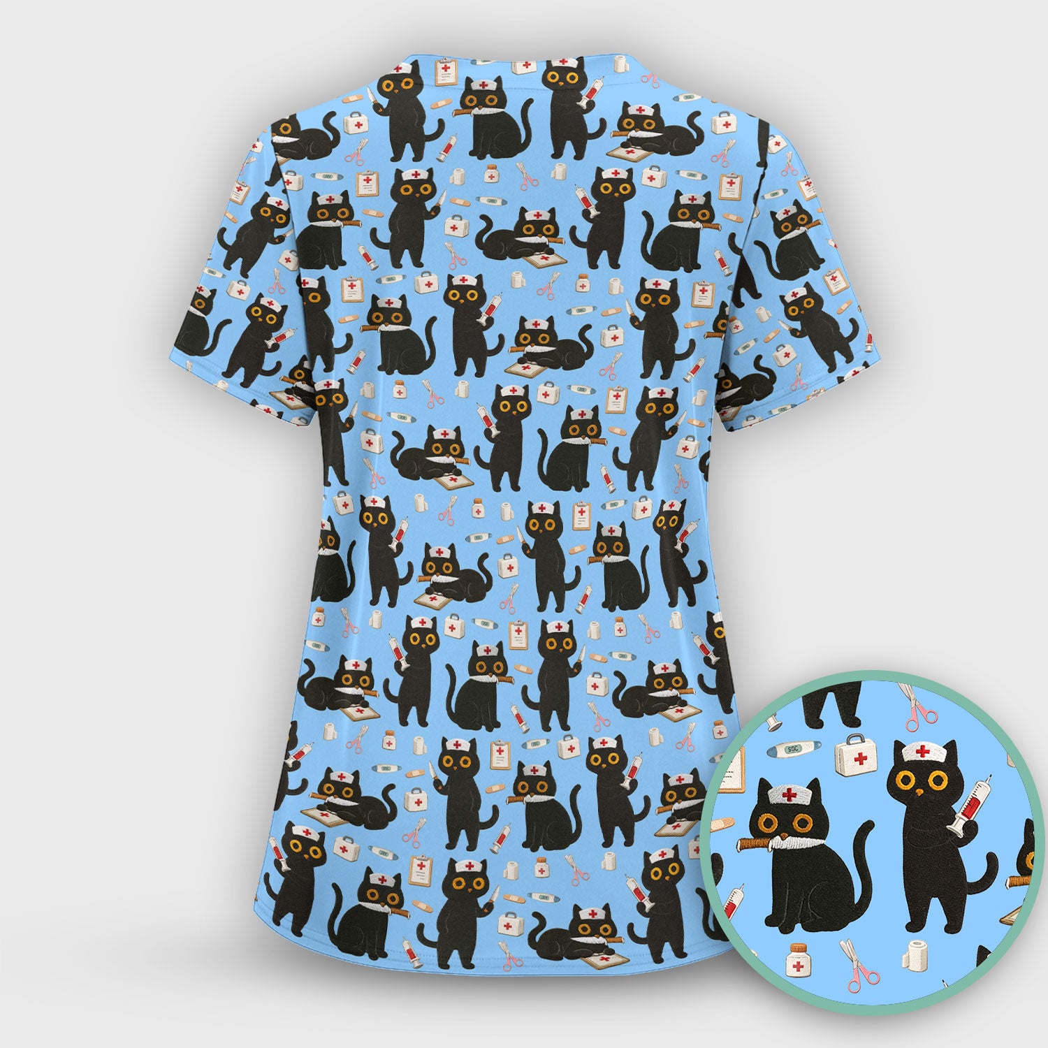 Cute Black Cat Nurse Pattern Women's Scrub Set, Breathable Med Uniform