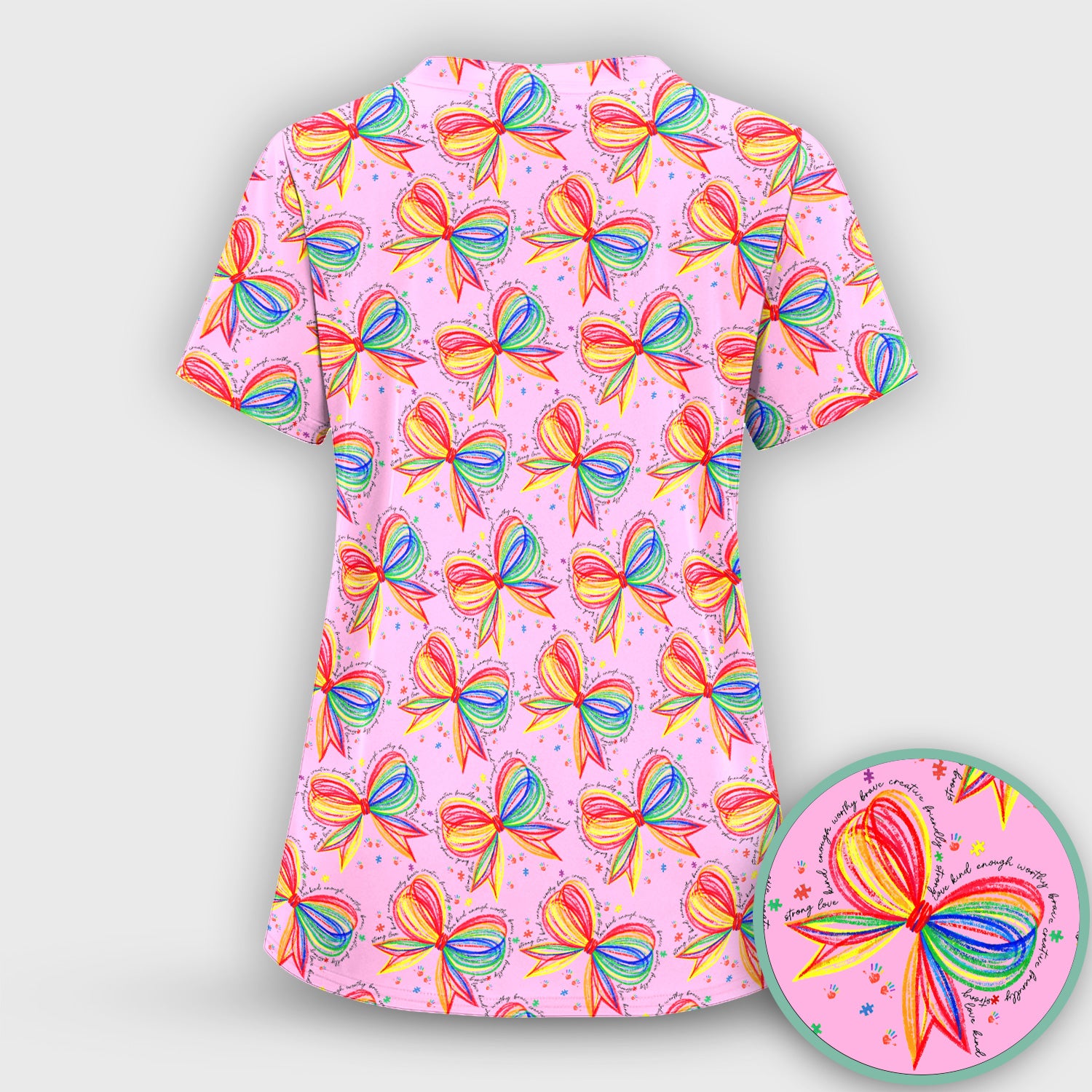Colorful Rainbow Bow Pattern Scrub Top, Comfortable Scrubs for Nurses
