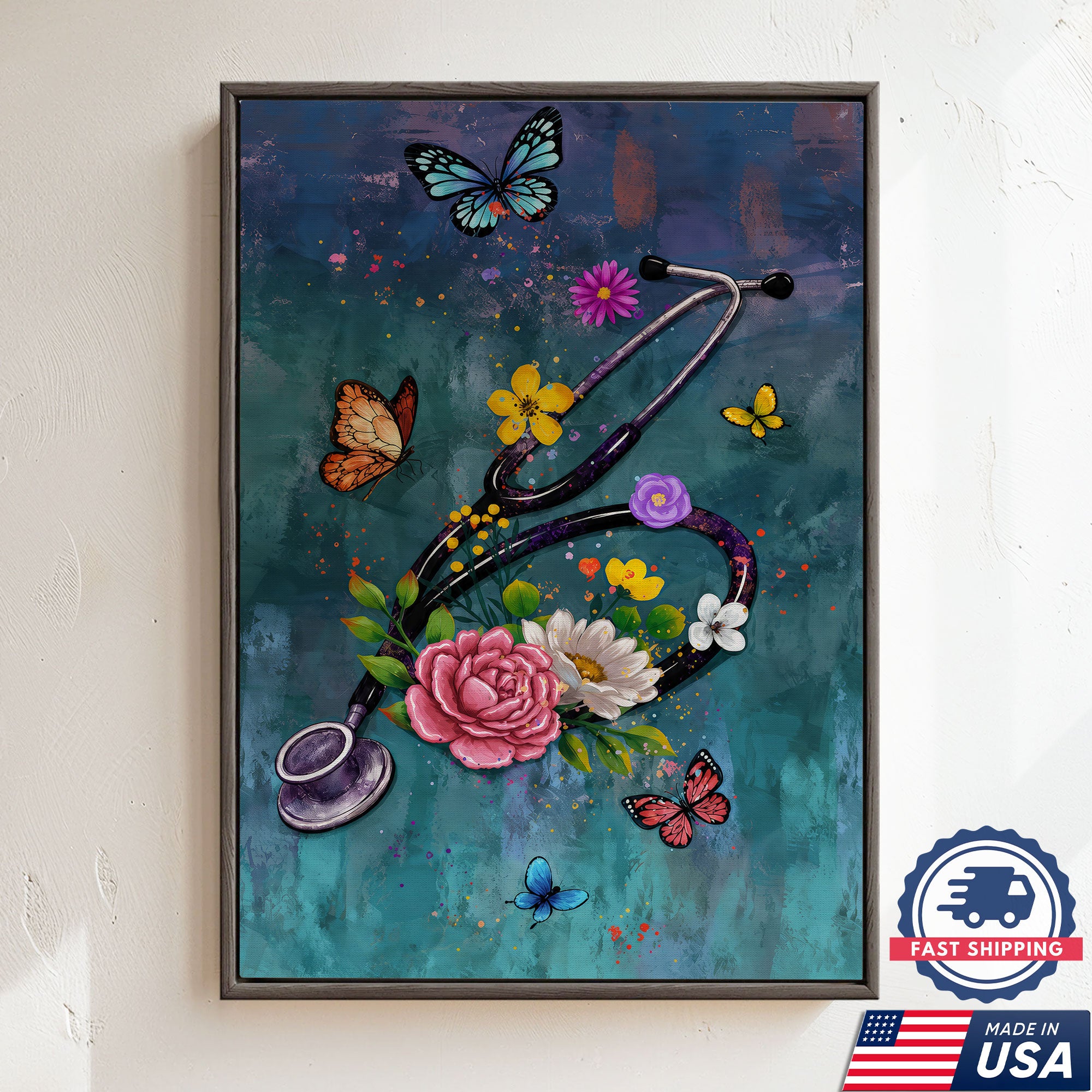 Butterfly Floral Stethoscope Nurse Canvas Wall Art for RN, CNA, Healthcare Office Decor