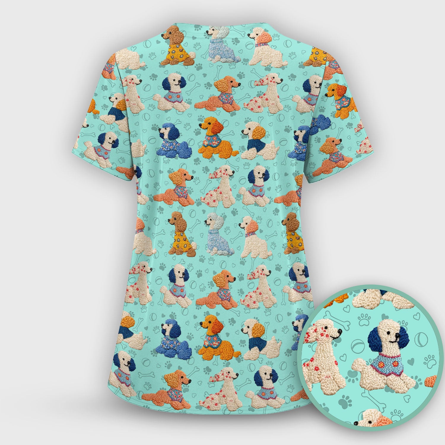 Cute Colorful Poodle Pattern Scrub Top, Comfortable Scrubs for Nurses