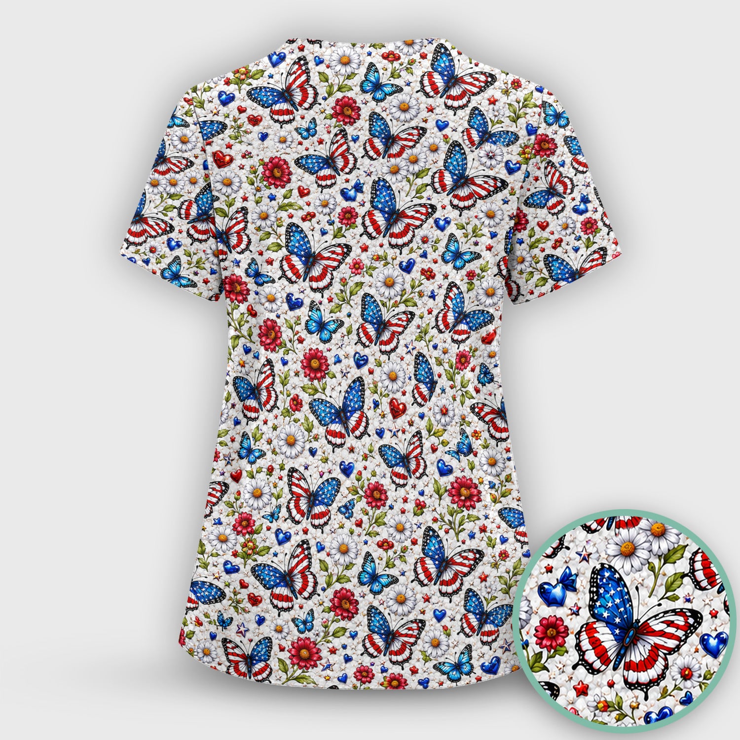 Patriotic Butterfly Daisy Heart Pattern Scrub Top, Comfortable Scrubs for Nurses