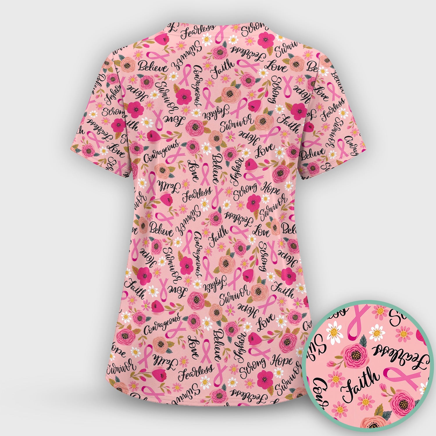 Breast Cancer Awareness Oncology with Pink Ribbon Floral Pattern Scrub Top, Comfortable Scrubs for Nurses