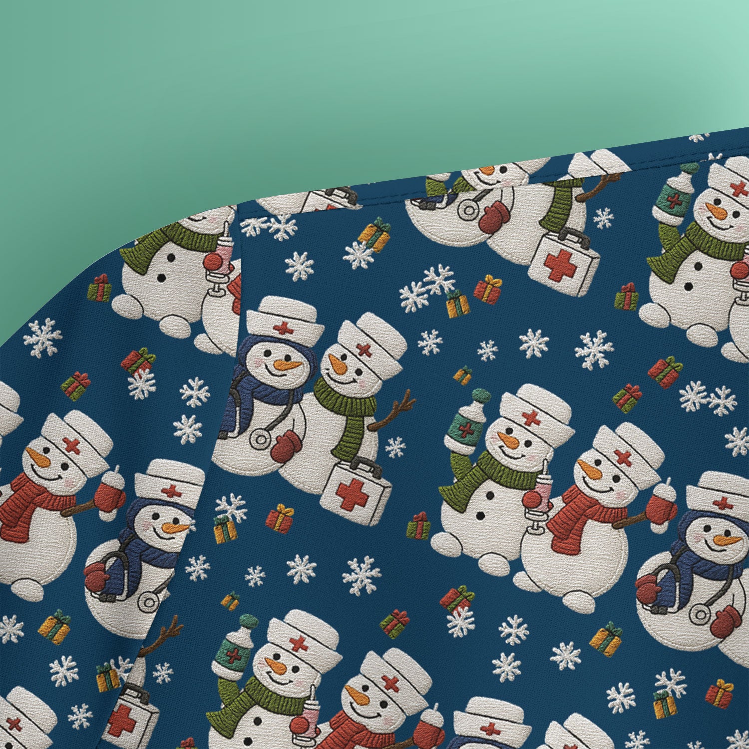 Cute Christmas Snowman Nurse Pattern Scrub Top, Breathable Fabrics Nursing Uniform