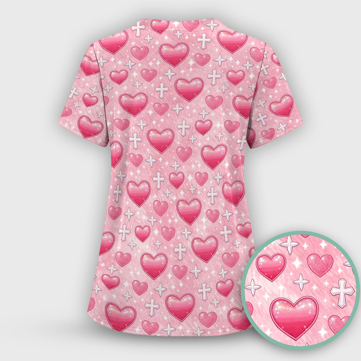 Pink Heart & Cross Pattern Scrub Top, Comfortable Scrubs for Nurses Uniform, Valentine's Day gift
