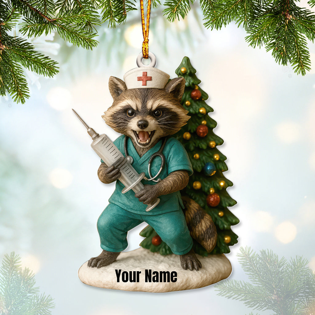 Personalized Nurse Raccoon Christmas Ornament, Custom Name Medical Holiday Decor, Funny Healthcare Worker Xmas Gift