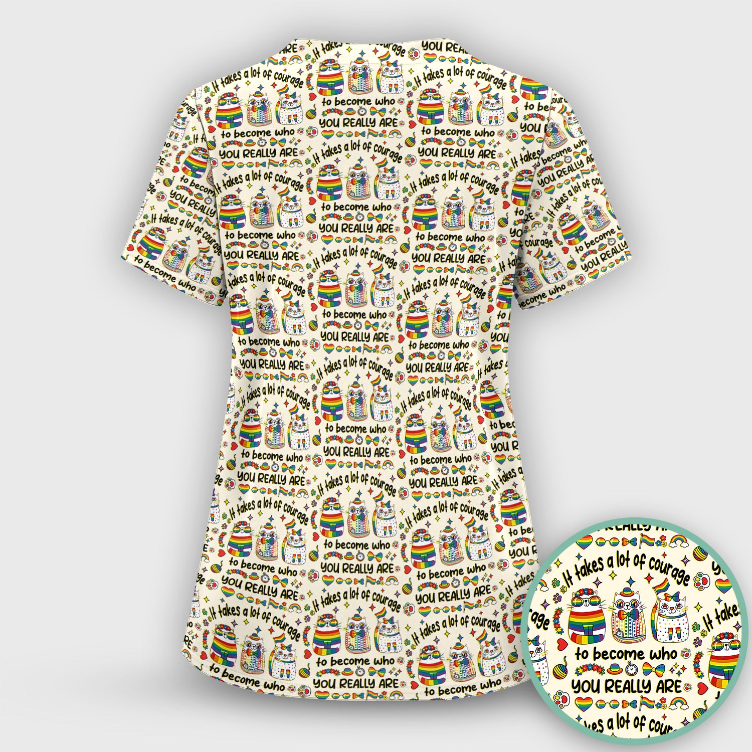 Inspirational Nurse Rainbow Cat Courage Quote Pattern Scrub Top, Breathable Fabrics Nursing Uniform