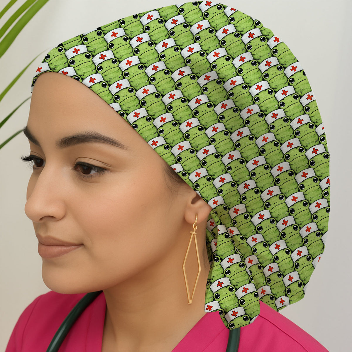Funny Green Nurse Frog Cap, Bouffant Scrub Caps for Women