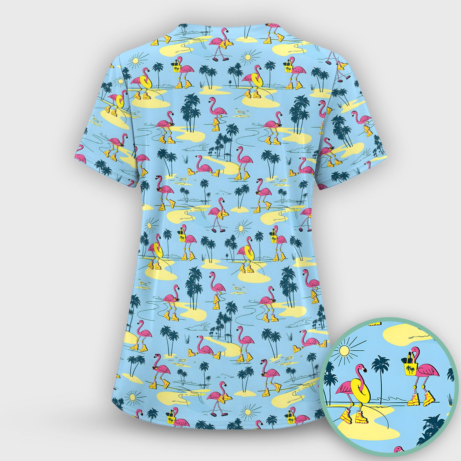 Retro Flamingo Nurse Print Scrub Set, Scrub Pants and V Neck Top