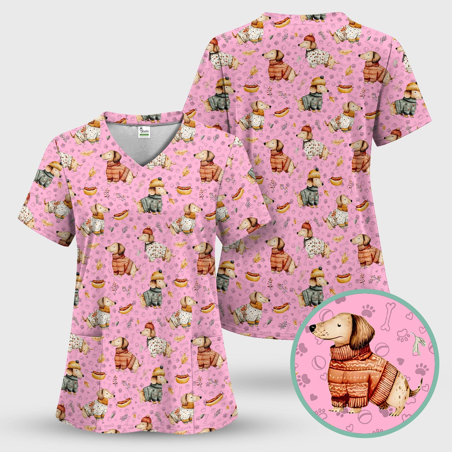 Autumn Dachshund Scrub Top - Cute Wiener Dog Nurse Shirt for Women - Cozy Fall Medical Uniform RN CNA LPN Thanksgiving Gift