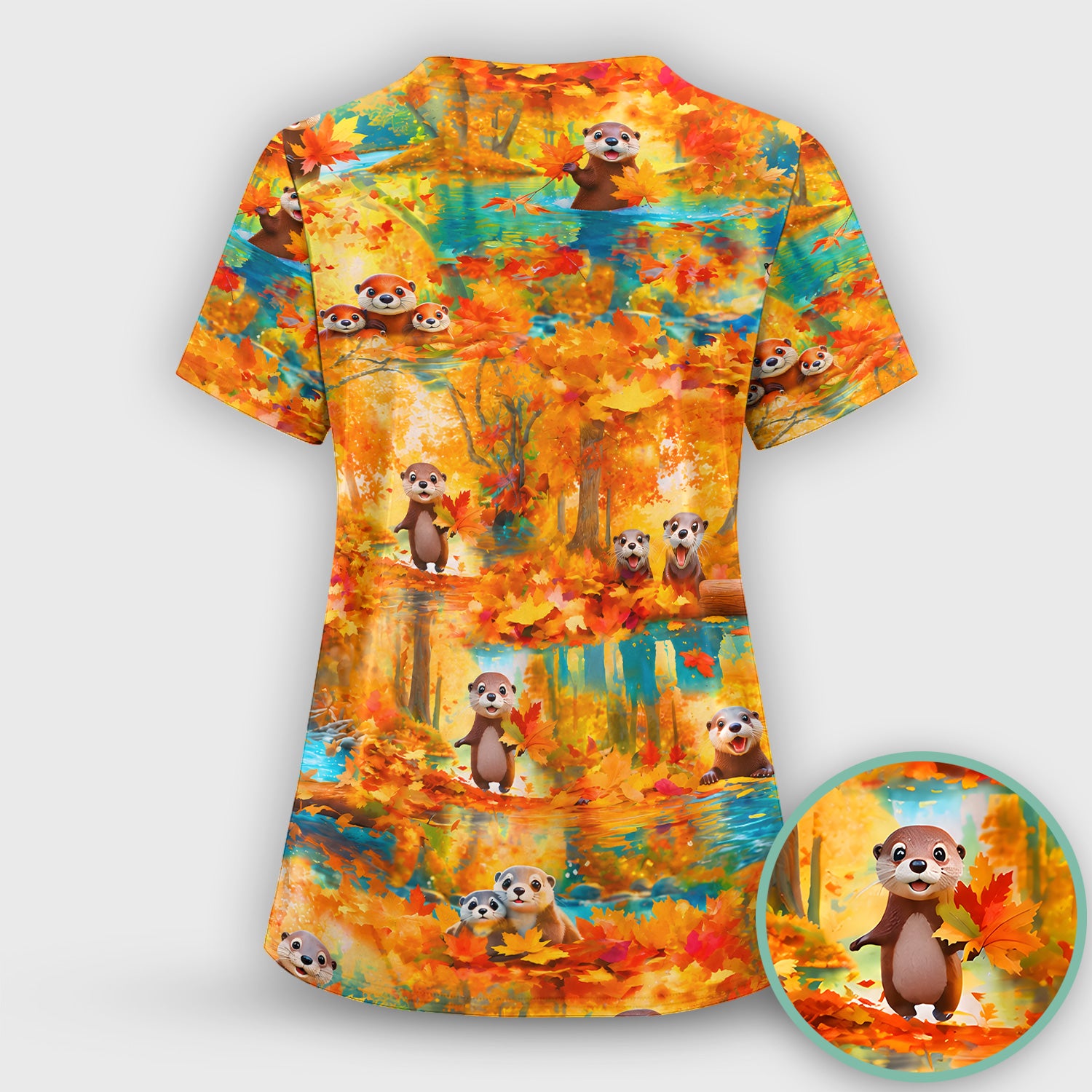 Cute Autumn Otter Leaf Forest Pattern Scrub Top, Comfortable Scrubs for Nurses