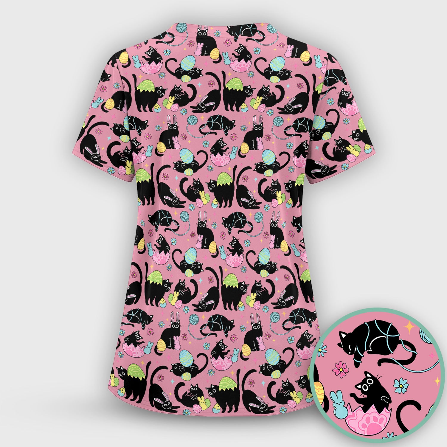 Funny Easter Black Cat Egg Pattern Scrub Top, Breathable Fabrics Nursing Uniform