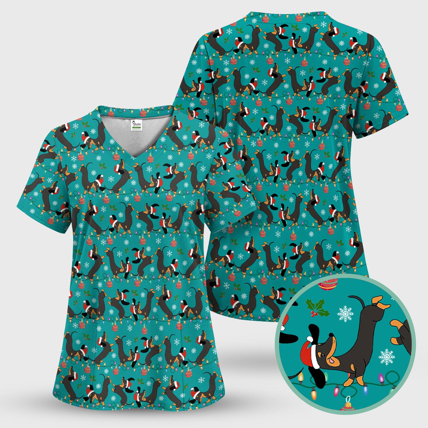 Festive Dachshund Christmas Scrub Top - Adorable Holiday Wiener Dog Nurse Shirt for Women - Cute Medical Uniform for RN CNA LPN