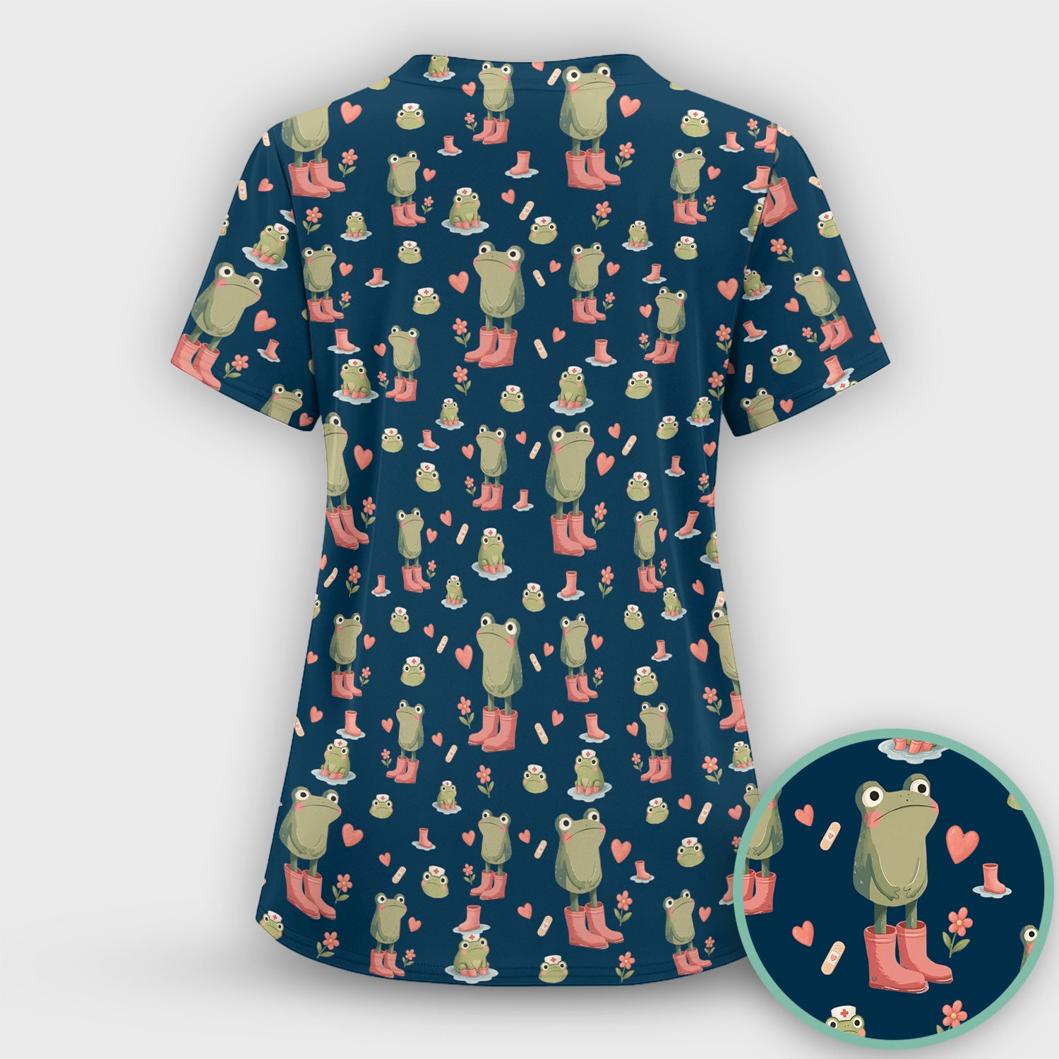 Adorable Frog Boots Heart Pattern Scrub Top, Comfortable Scrubs for Nurses
