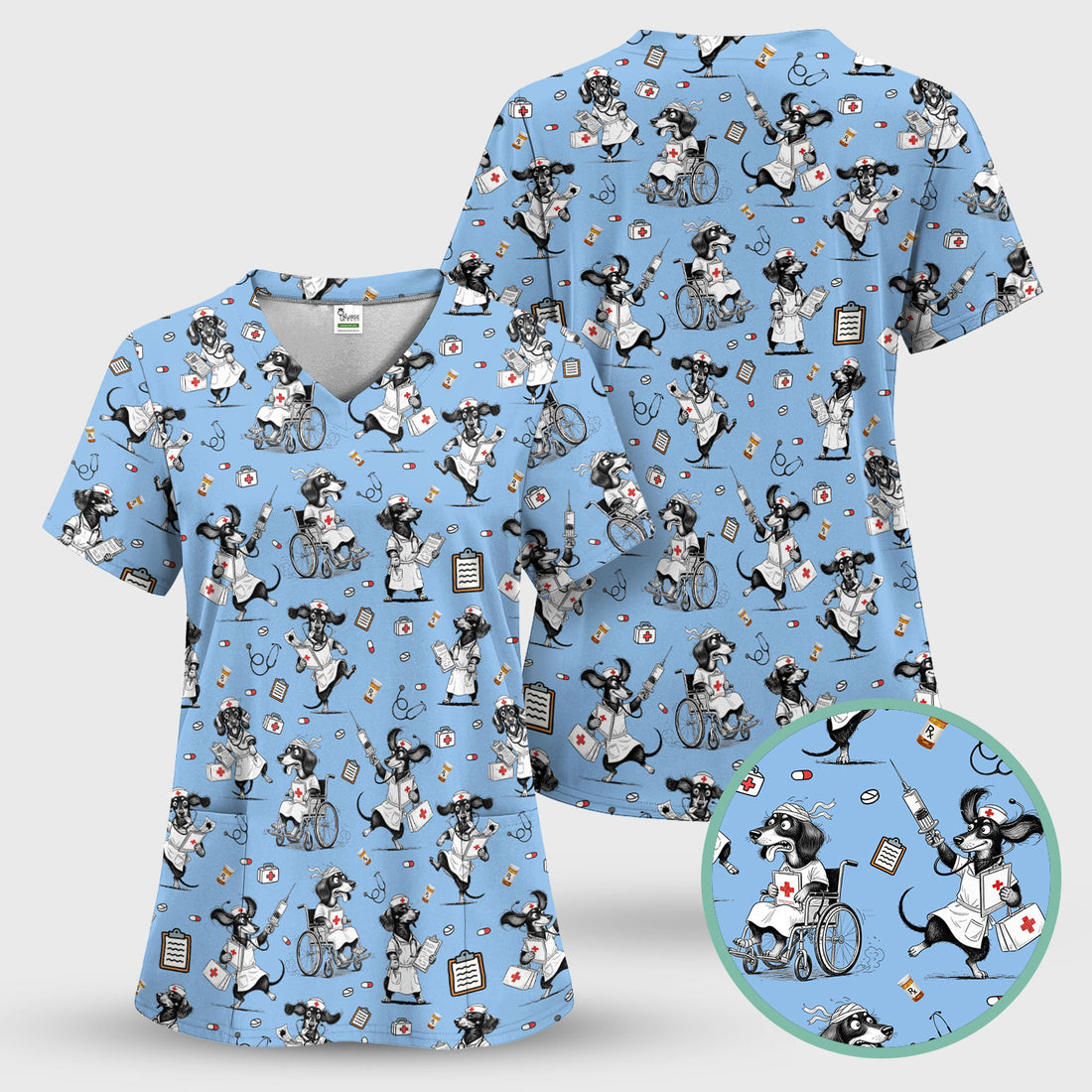 Custom Nurse Scrubs for Women - Funny Dog Print Medical Top - Multi Color Personalized Nursing Shirt for Healthcare Workers