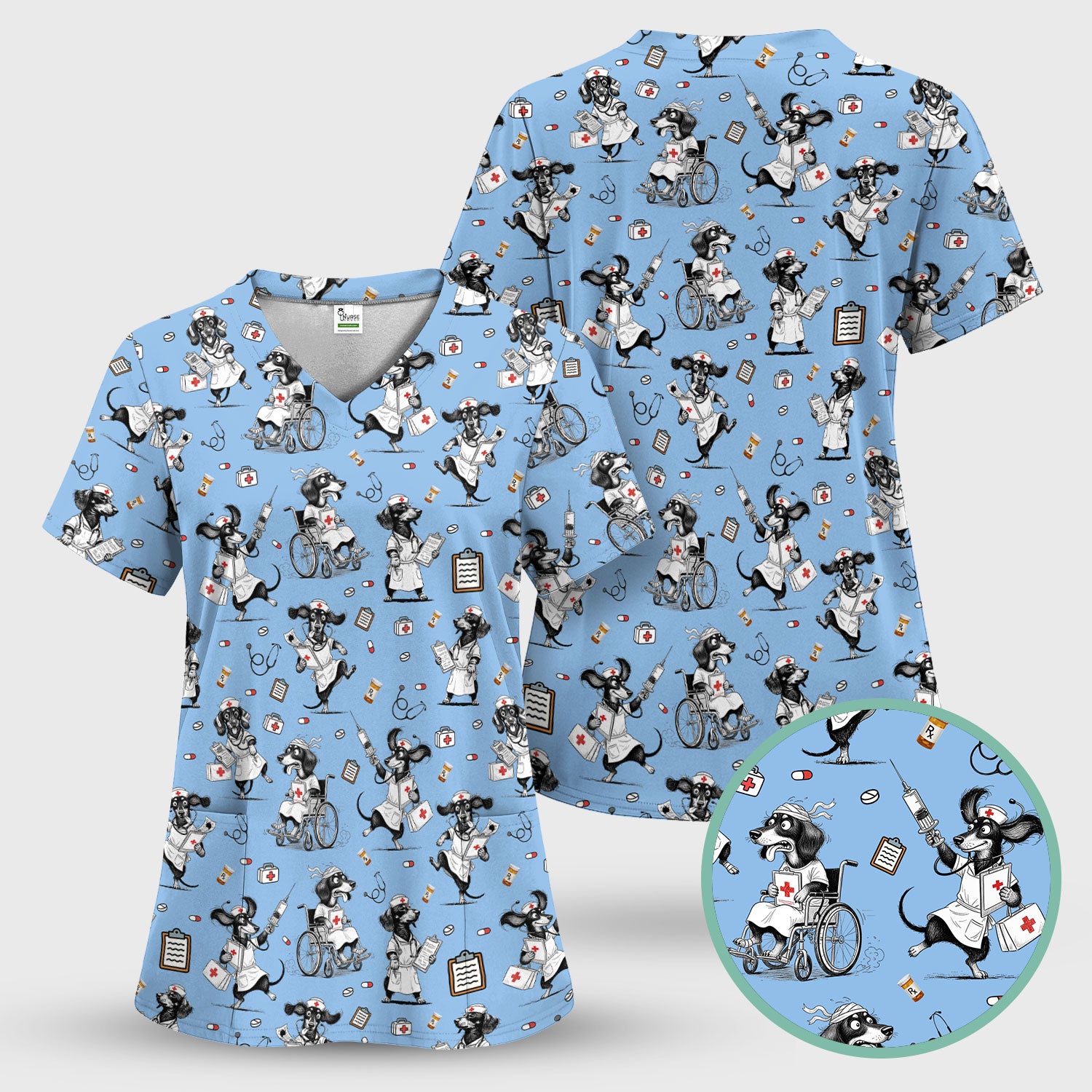 Custom Nurse Scrubs for Women - Funny Dog Print Medical Top - Multi Color Personalized Nursing Shirt for Healthcare Workers
