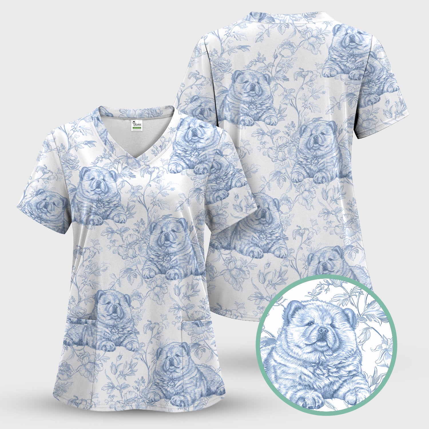 Custom Dog Cat Style Chinoiserie Pattern Scrubs Top, Comfortable Scrubs for Nurses