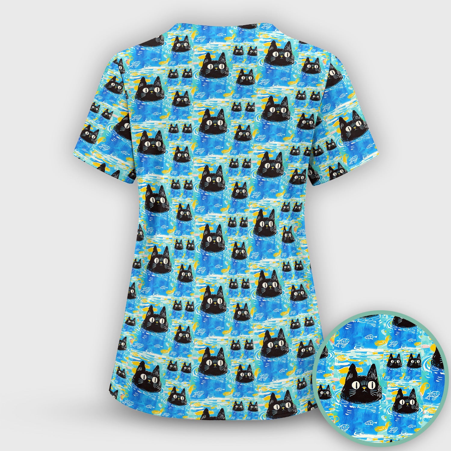 Black Cat Swimming In Blue Water Pattern Scrub Top, Comfortable Scrubs for Nurses