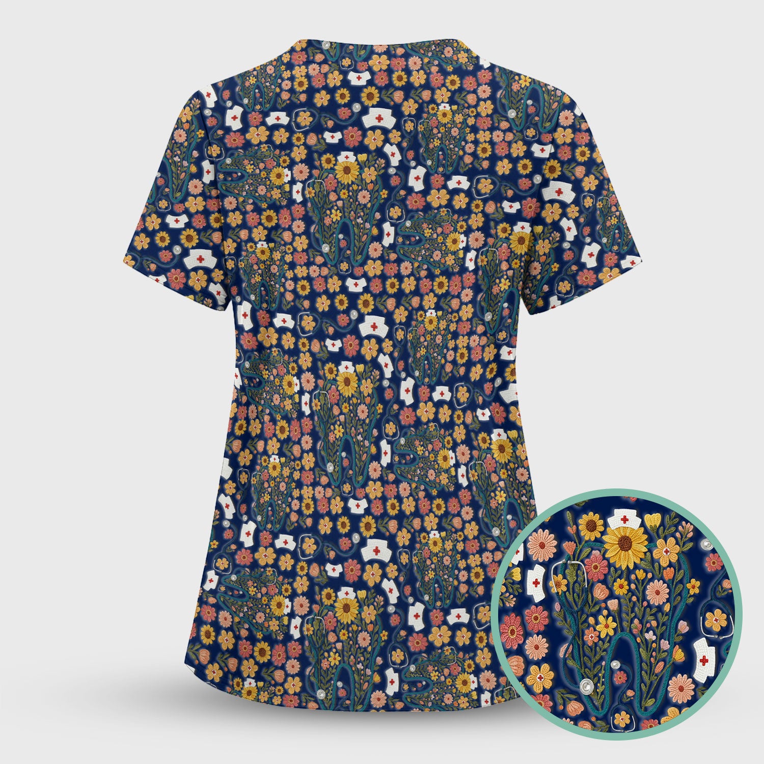 Boho Floral Tooth Scrub Top - Aesthetic Dental Scrubs for Women - Cute Flower Tooth Pattern Medical Uniform - Hygienist Christmas Gift