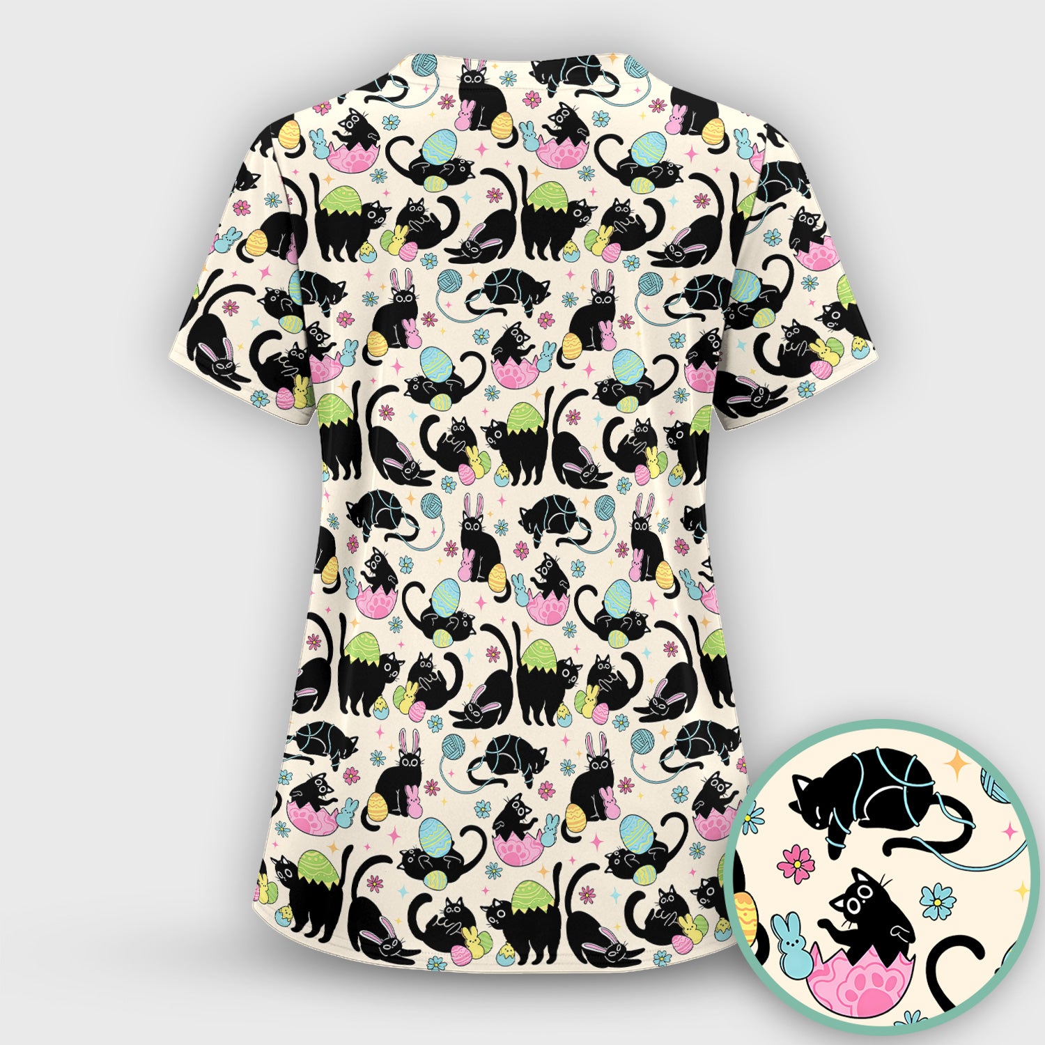 Funny Easter Black Cat Egg Pattern Scrub Top, Breathable Fabrics Nursing Uniform