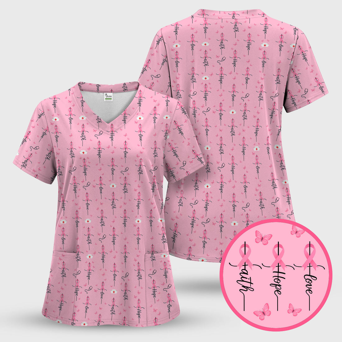 Breast Cancer Awareness Scrub Top Multi Color - Faith Hope Love Pink Ribbon Nursing Shirt - Supportive Nurse Workwear