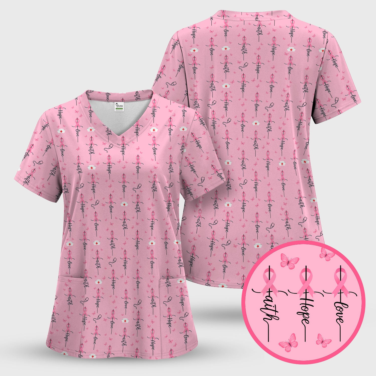 Breast Cancer Awareness Scrub Top Multi Color - Faith Hope Love Pink Ribbon Nursing Shirt - Supportive Nurse Workwear