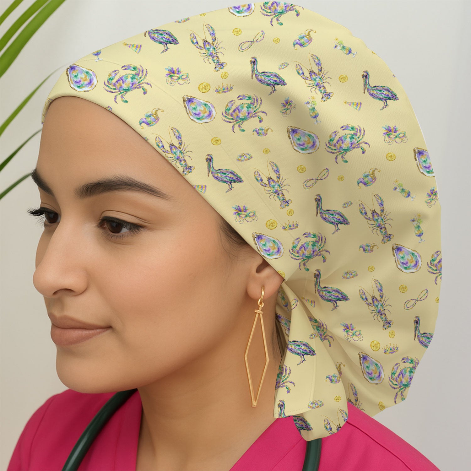 Mardi Gras Seafood Nurse Scrub Cap, Comfortable Uniform Scrubs For Nursing