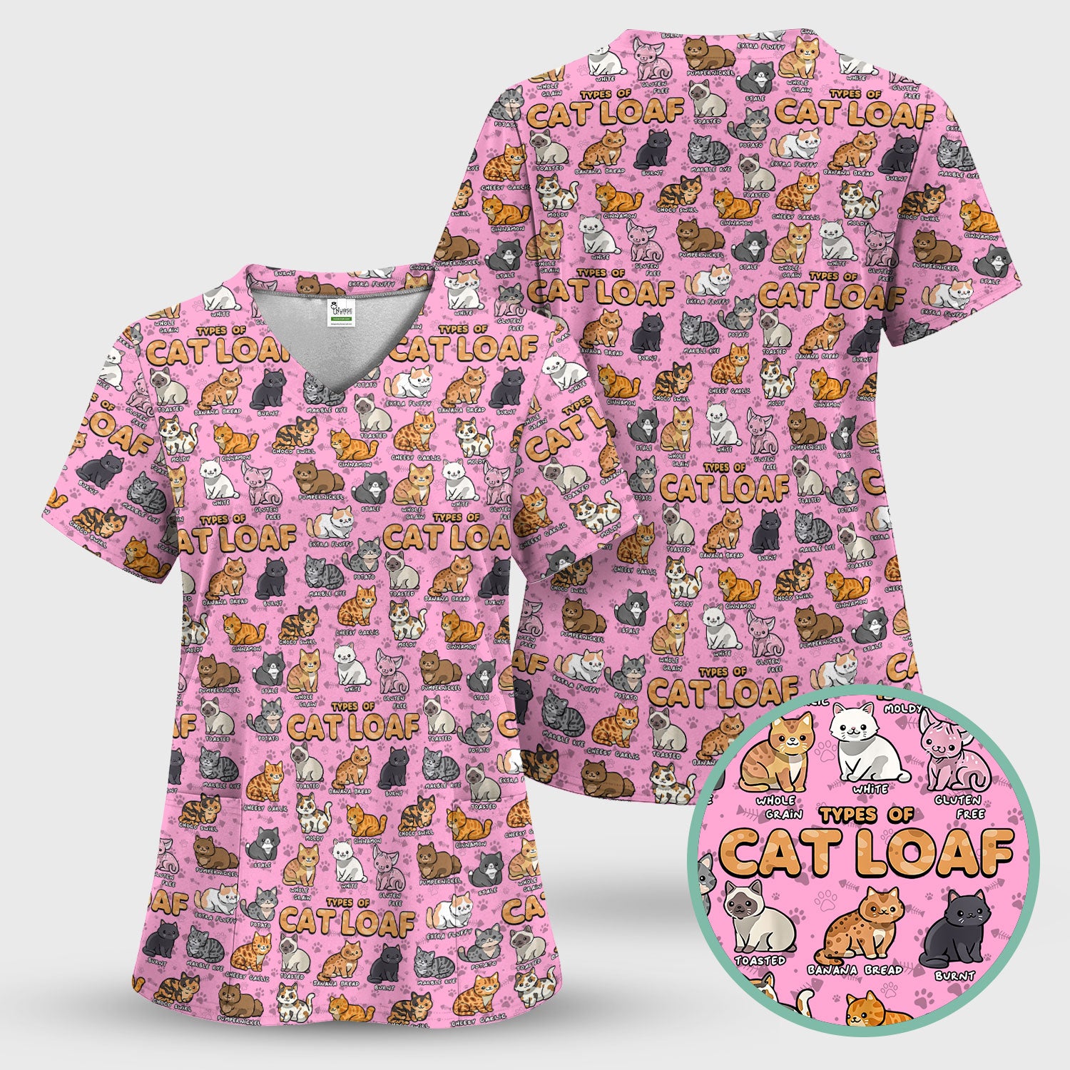 Funny Cat Loaf Scrub Top for Women - Cute Types of Cat Loaf Tee - Cat Lover Nurse Shirt Medical Uniform RN LPN CNA Gift